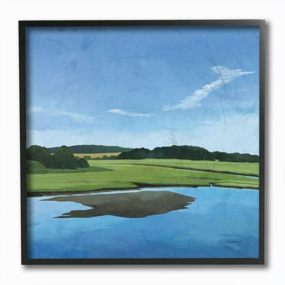 Stupell Industries Serene Pond Lake Landscape Blue Green Pastel Painting Framed Wall Art Design by Kathrine Lovell, 12" x 12", Black Framed