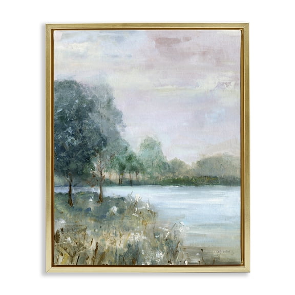 Stupell Industries Serene Riverside View Landscape & Nature Painting Gold Floater Framed Canvas Art Print Wall Art, 25 x 31