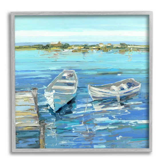 Stupell Industries Serene Rowboats Ocean Dock Painting Gray Framed Art Print Wall Art, Design by Sally Swatland