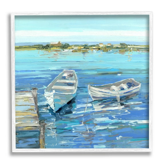 Stupell Industries Serene Rowboats Ocean Dock Painting White Framed Art Print Wall Art, Design by Sally Swatland
