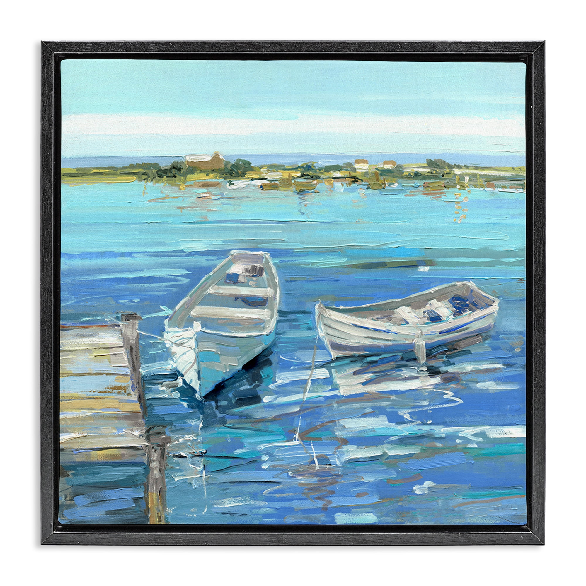 Stupell Industries Serene Rowboats at Dock Nature Painting Black Floater Framed Canvas Art Print Wall Art, 25 x 25