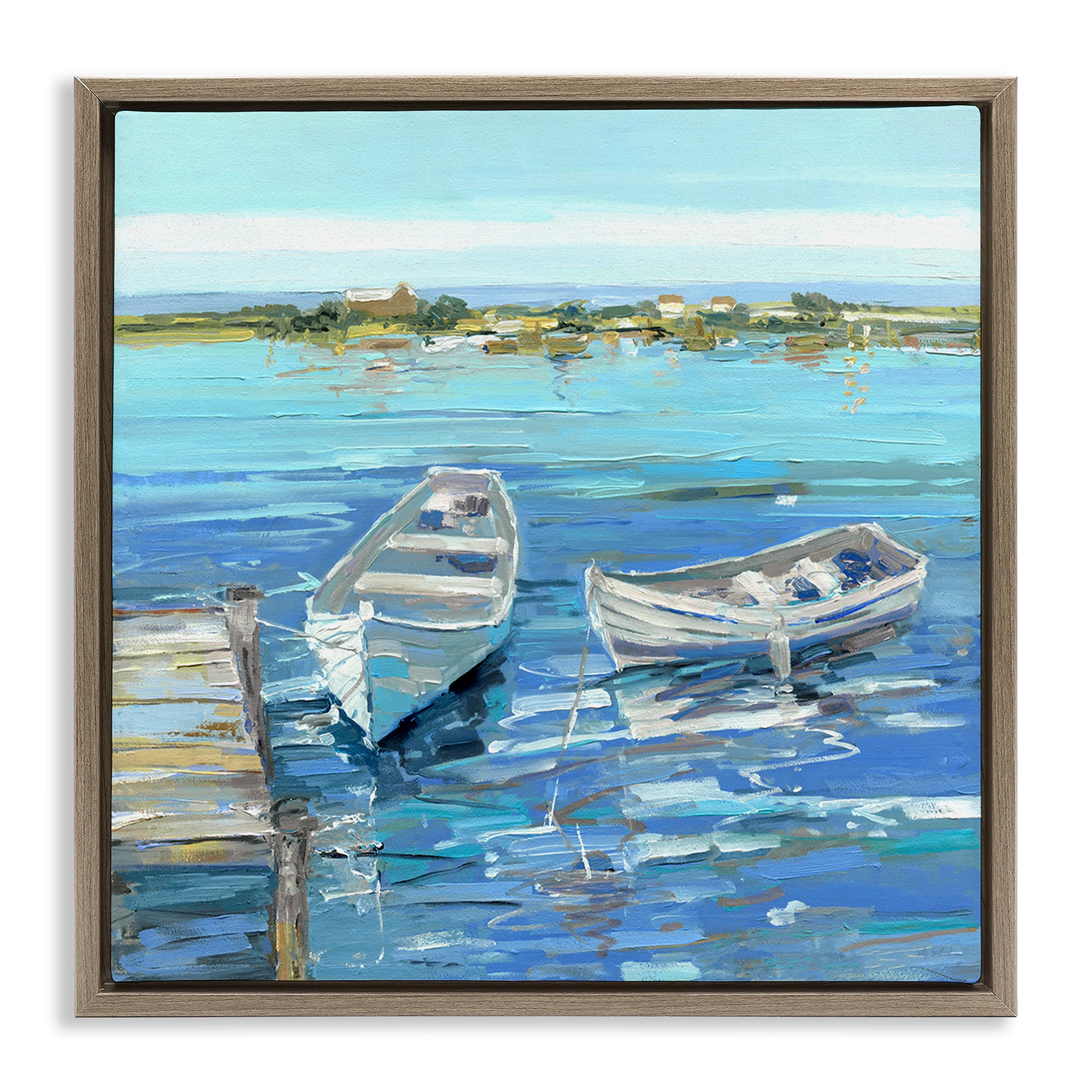 Stupell Industries Serene Rowboats at Dock Nature Painting Brown Floater Framed Canvas Art Print Wall Art, 25 x 25