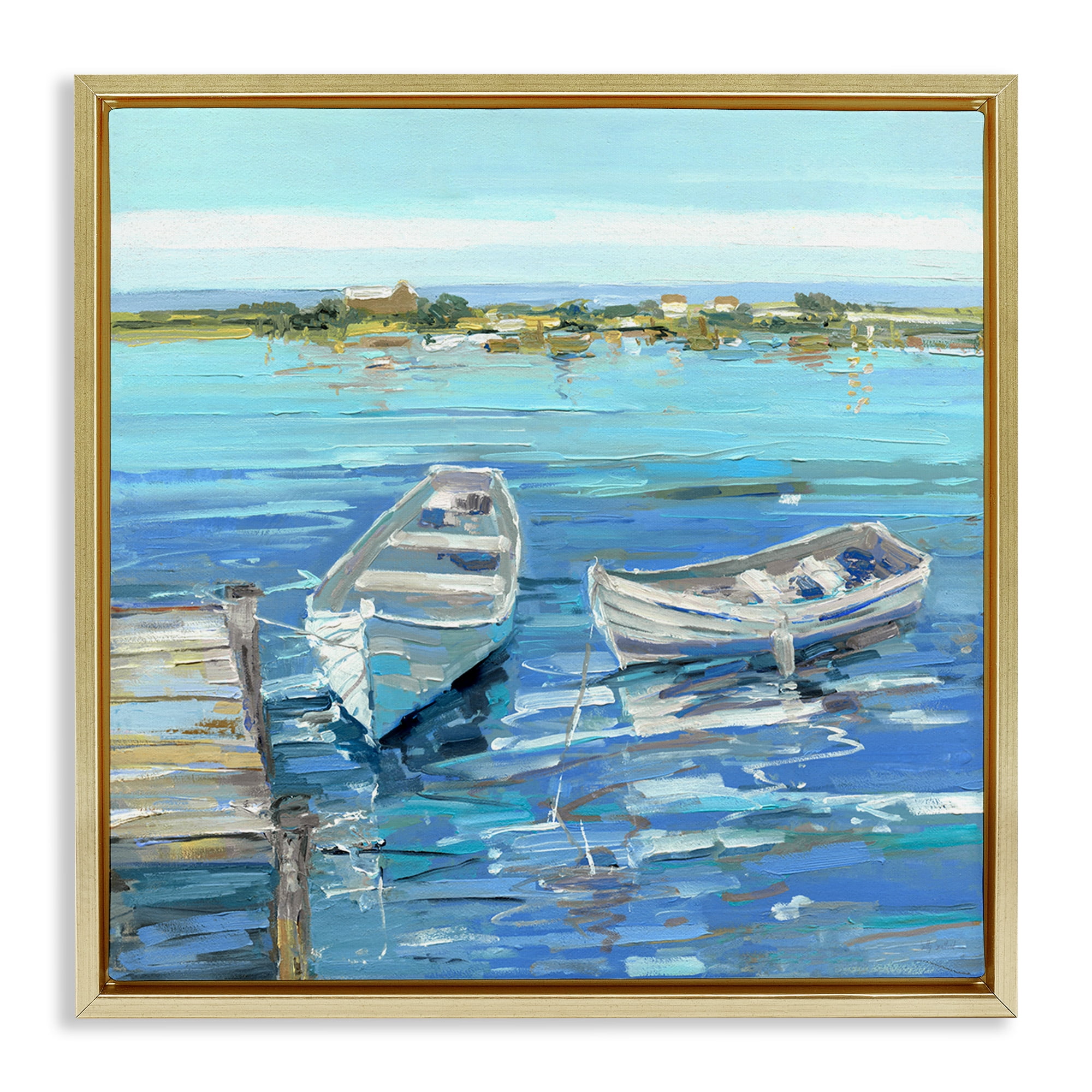 Stupell Industries Serene Rowboats at Dock Nature Painting Gold Floater Framed Canvas Art Print Wall Art, 25 x 25