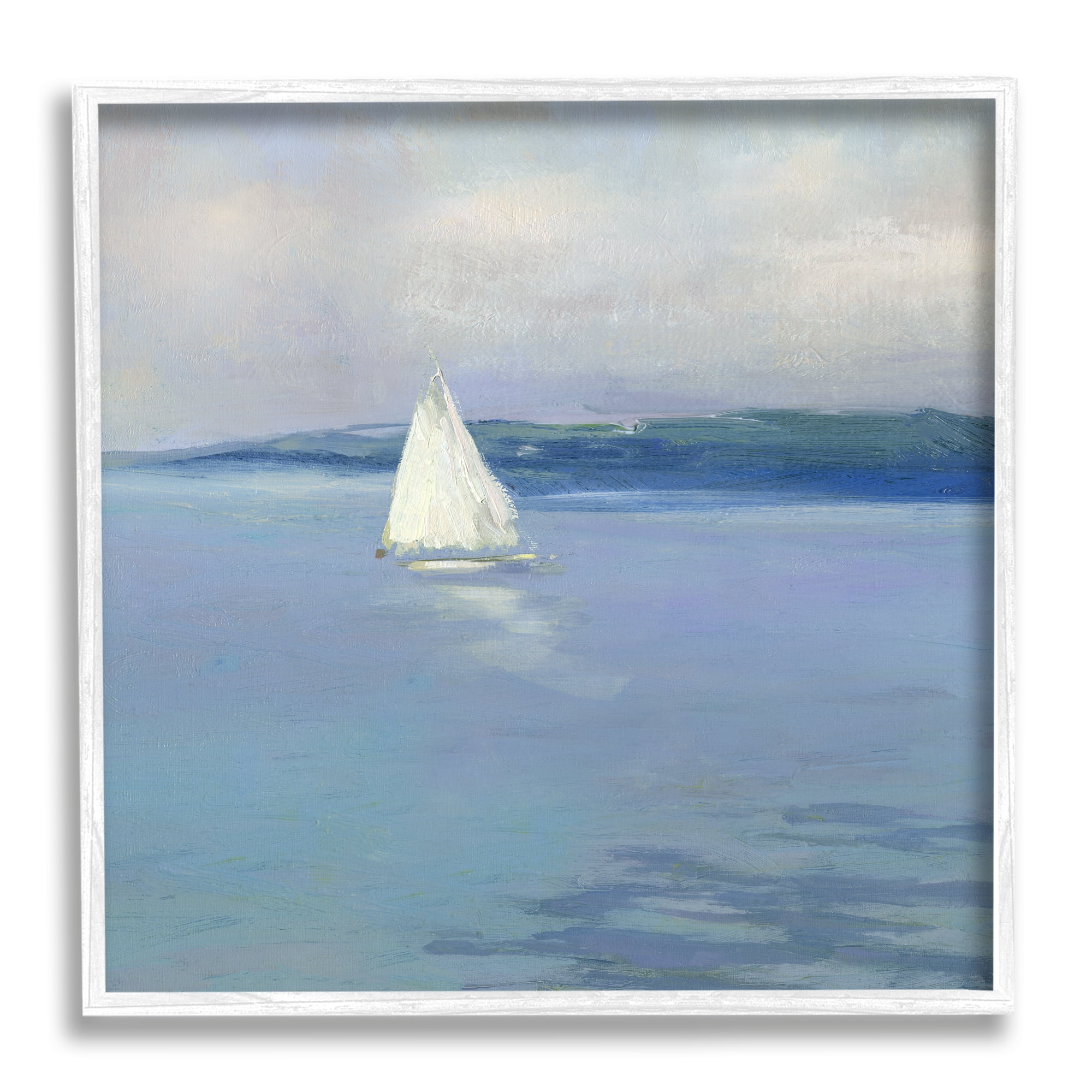 Stupell Industries Serene Sailboat Floating Water Ocean Landscape Painting White Framed Art Print Wall Art, 12x12, by Sally Swatland