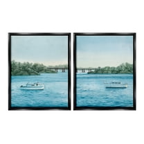 Stupell Industries Serene Summer Boats Landscape Painting Black Floater Framed Canvas Art Print Wall Art, 17 x 21, Set of 2