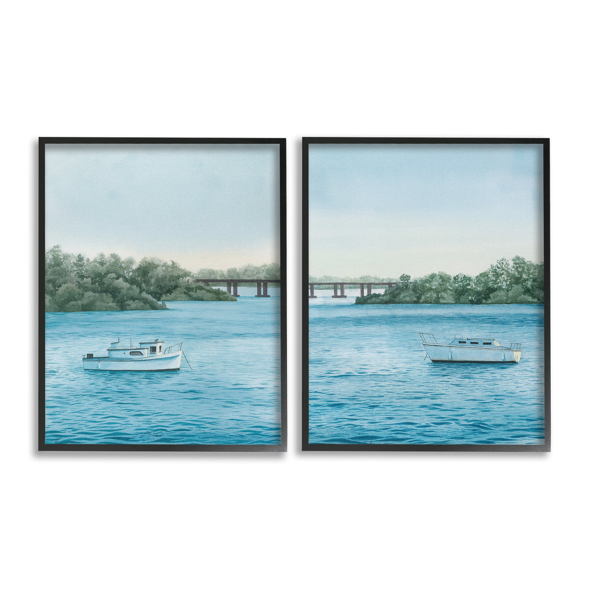 Stupell Industries Serene Summer Boats Landscape Painting Black Framed Art Print Wall Art, 16 x 20, Set of 2