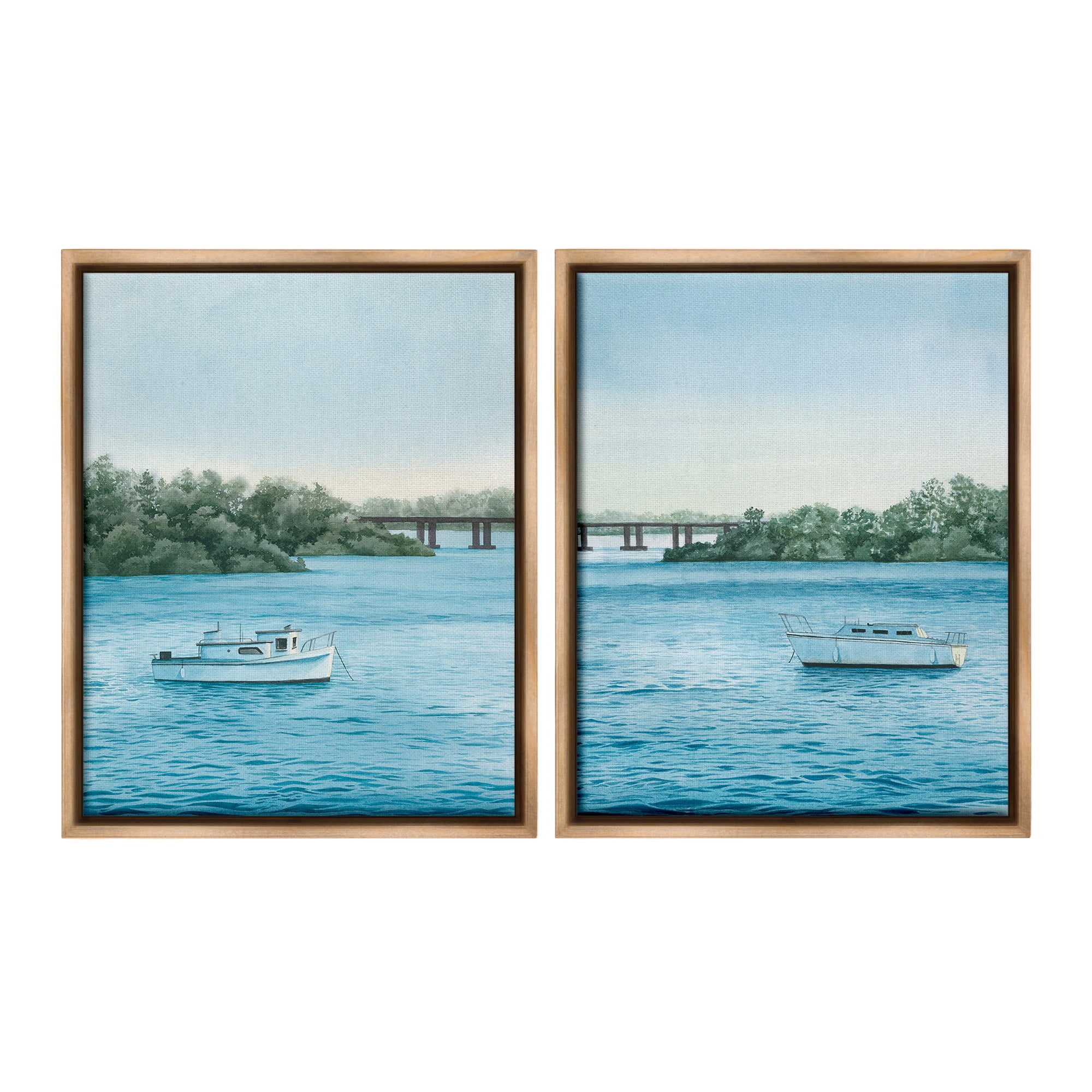 Stupell Industries Serene Summer Boats Landscape Painting Brown Floater Framed Canvas Art Print Wall Art, 17 x 21, Set of 2