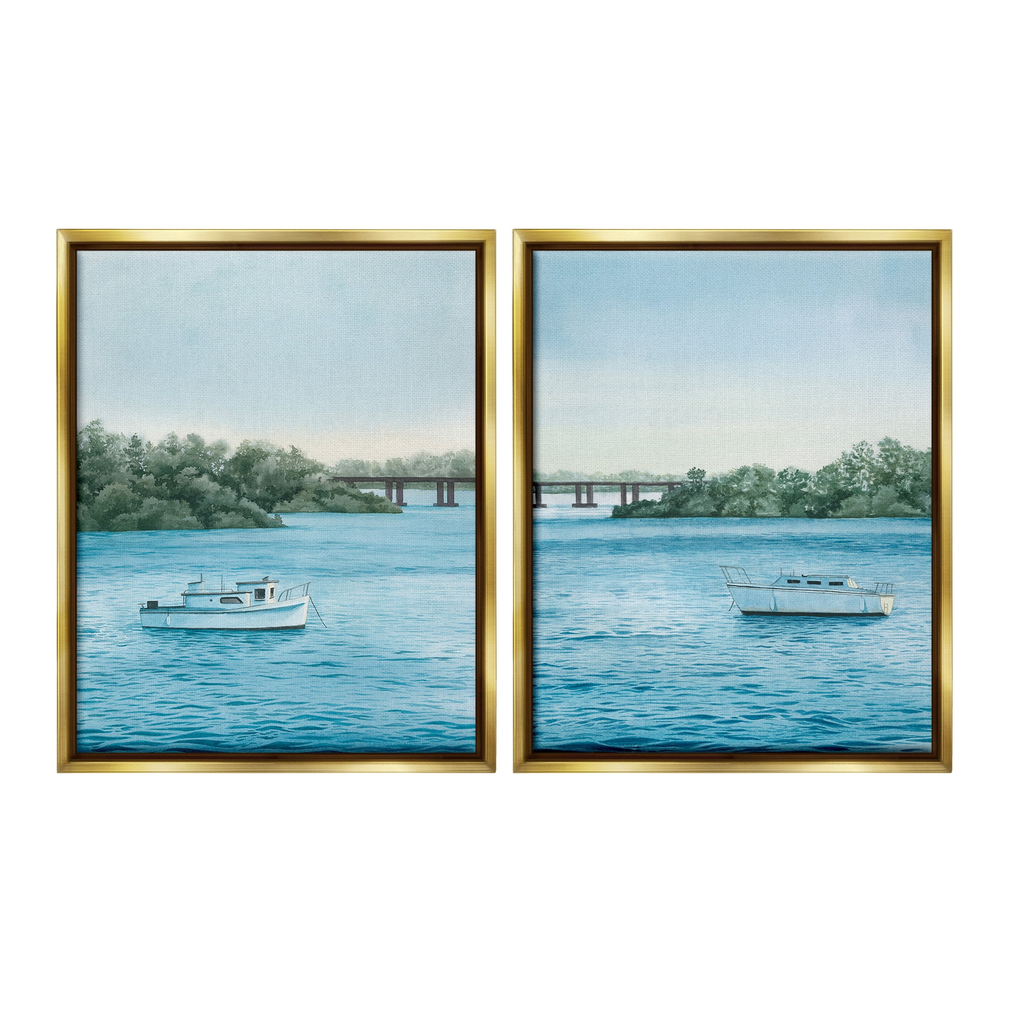Stupell Industries Serene Summer Boats Landscape Painting Gold Floater Framed Canvas Art Print Wall Art, 17 x 21, Set of 2