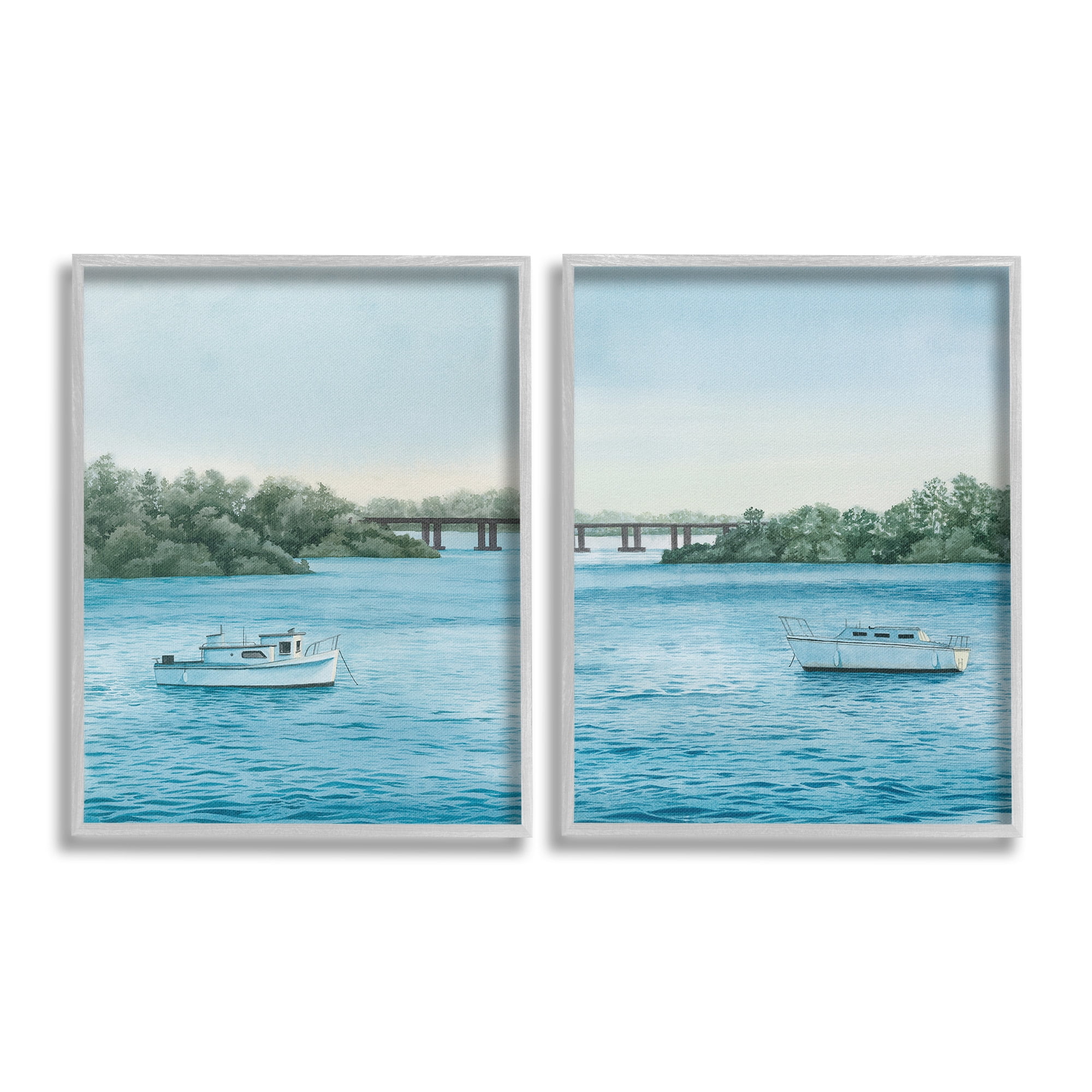 Stupell Industries Serene Summer Boats Landscape Painting Gray Framed Art Print Wall Art, 16 x 20, Set of 2