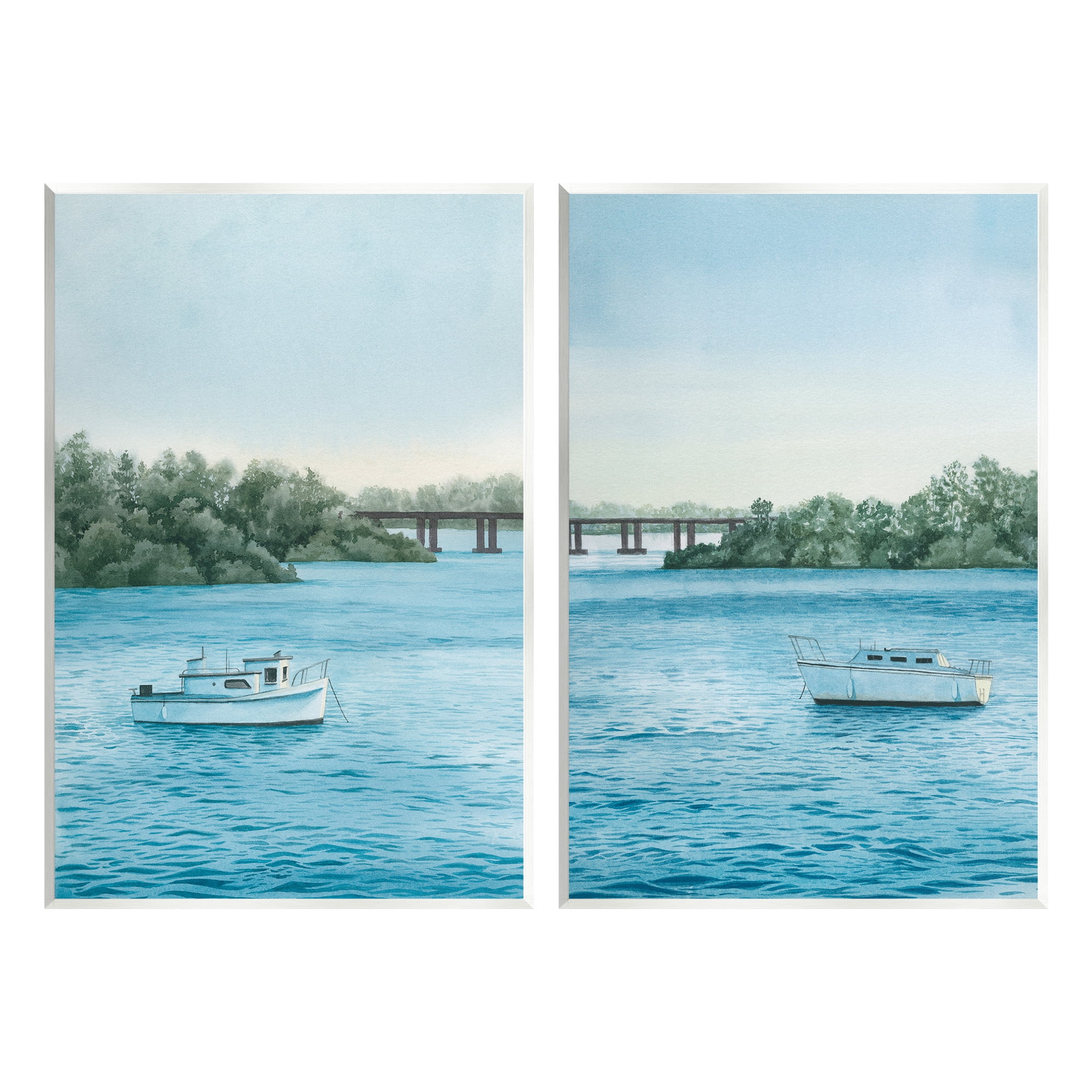 Stupell Industries Serene Summer Boats Landscape Painting Unframed Art Print Wall Art, 13 x 19, Set of 2