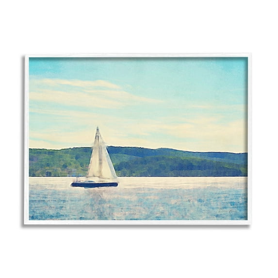 Stupell Industries Serene Summer Sailboat Drifting Ocean Hills Design Paintings White Framed Art Print Wall Art, 30x24, by Denise Brown