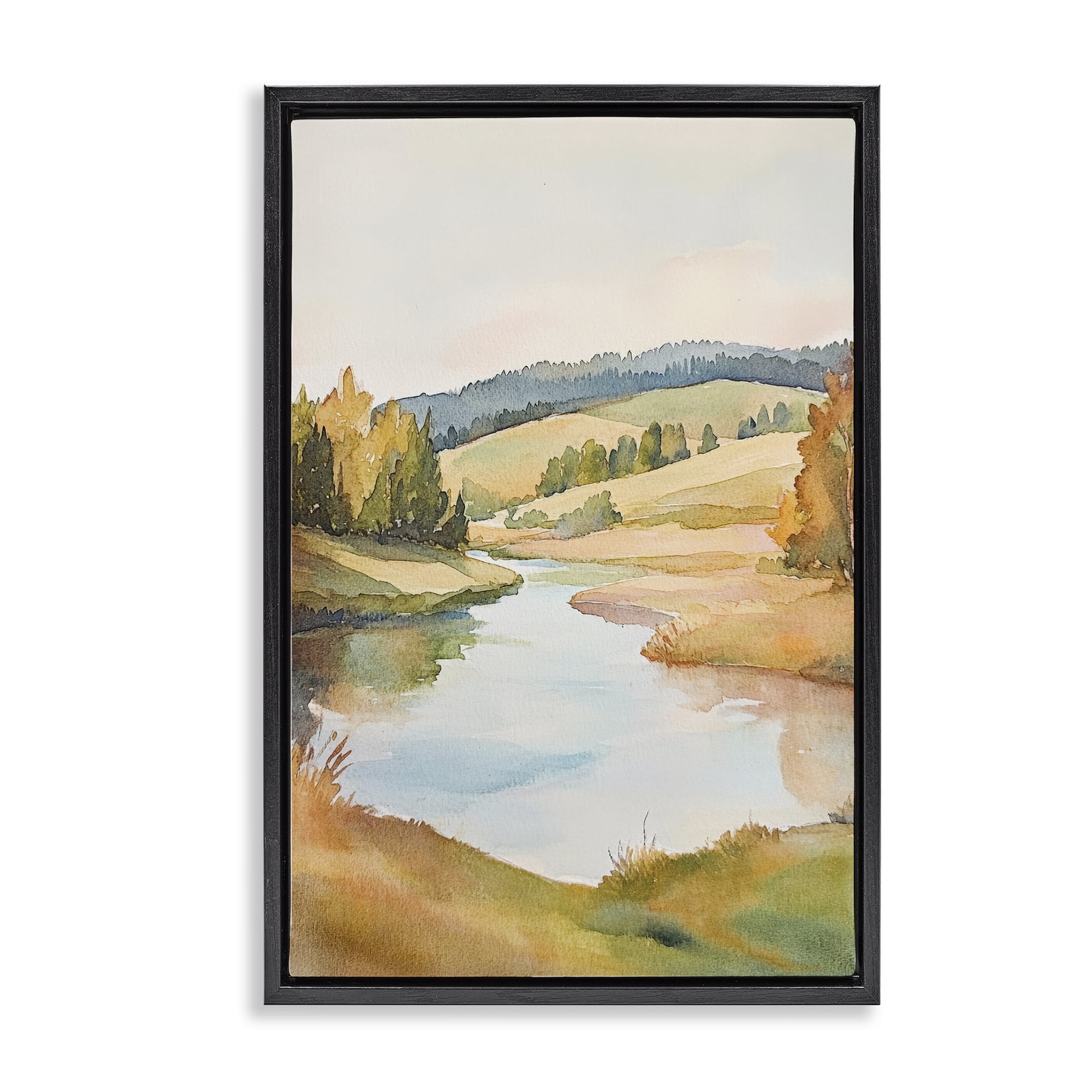 Stupell Industries Serene Watercolor Lake Escape Black Framed Floater Canvas Wall Art, design by Petal Prints Design