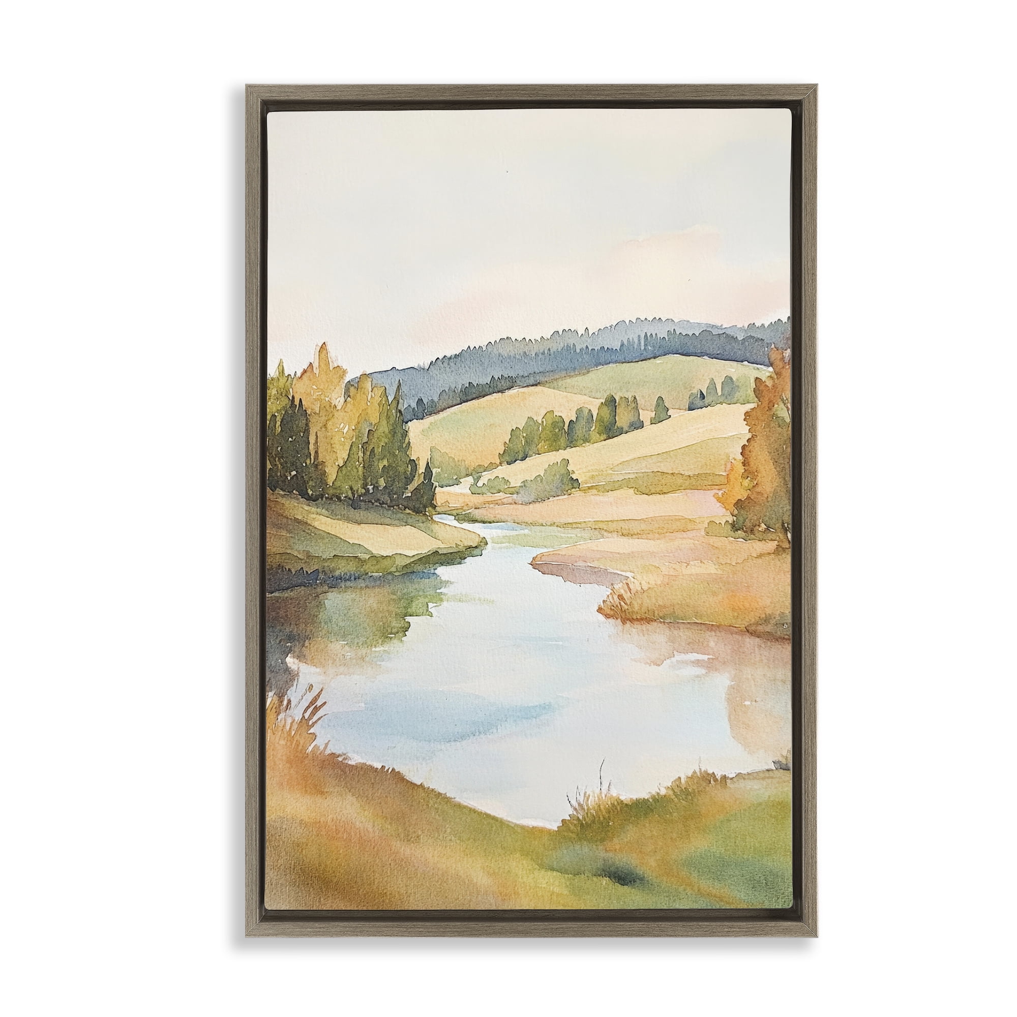 Stupell Industries Serene Watercolor Lake Escape Brown Framed Floater Canvas Wall Art, design by Petal Prints Design