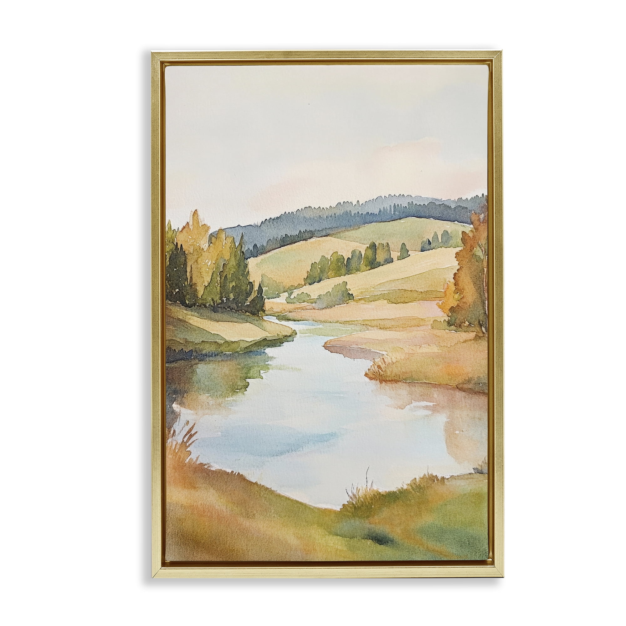 Stupell Industries Serene Watercolor Lake Escape Gold Framed Floater Canvas Wall Art, design by Petal Prints Design
