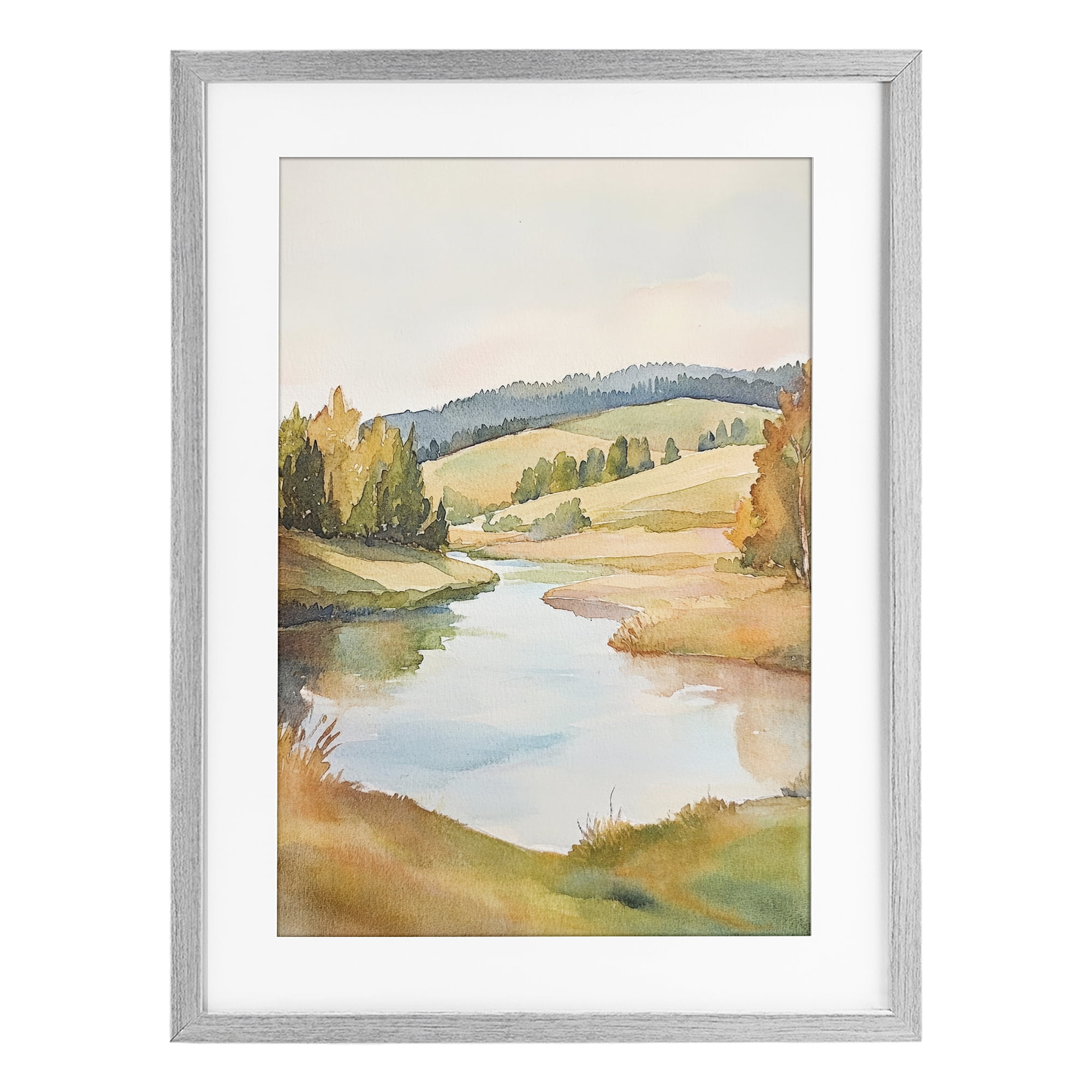 Stupell Industries Serene Watercolor Lake Escape Gray Framed Print Under Glass, design by Petal Prints Design