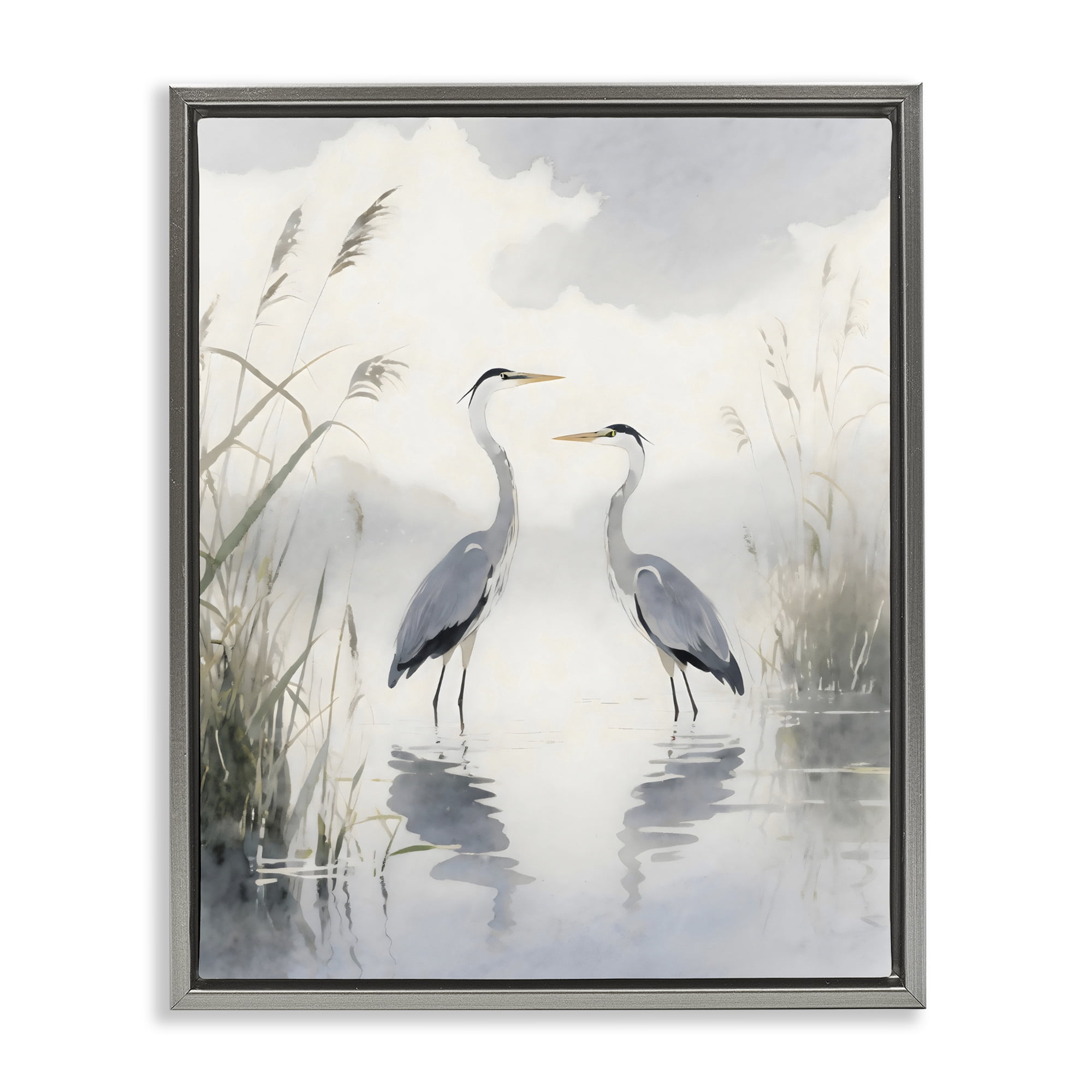 Stupell Industries Serene Wetlands Heron Reflections Gray Framed Floater Canvas Wall Art, design by Creative Studio
