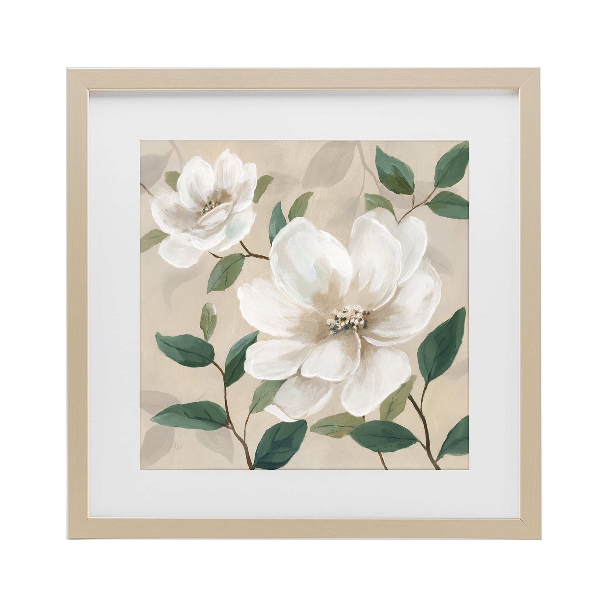 Stupell Industries Serene White Blossom with Leaves Birch Framed Print Under Glass, design by Nan