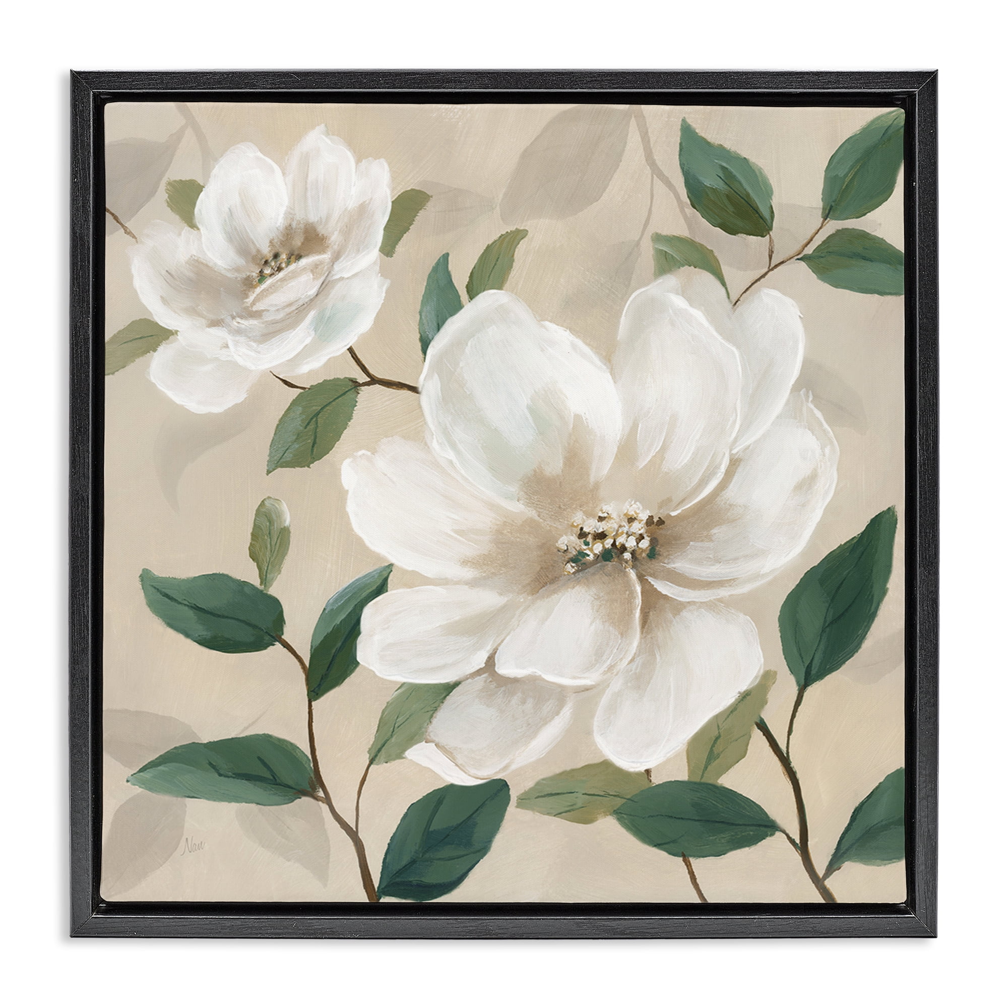 Stupell Industries Serene White Blossom with Leaves Black Framed Floater Canvas Wall Art, design by Nan