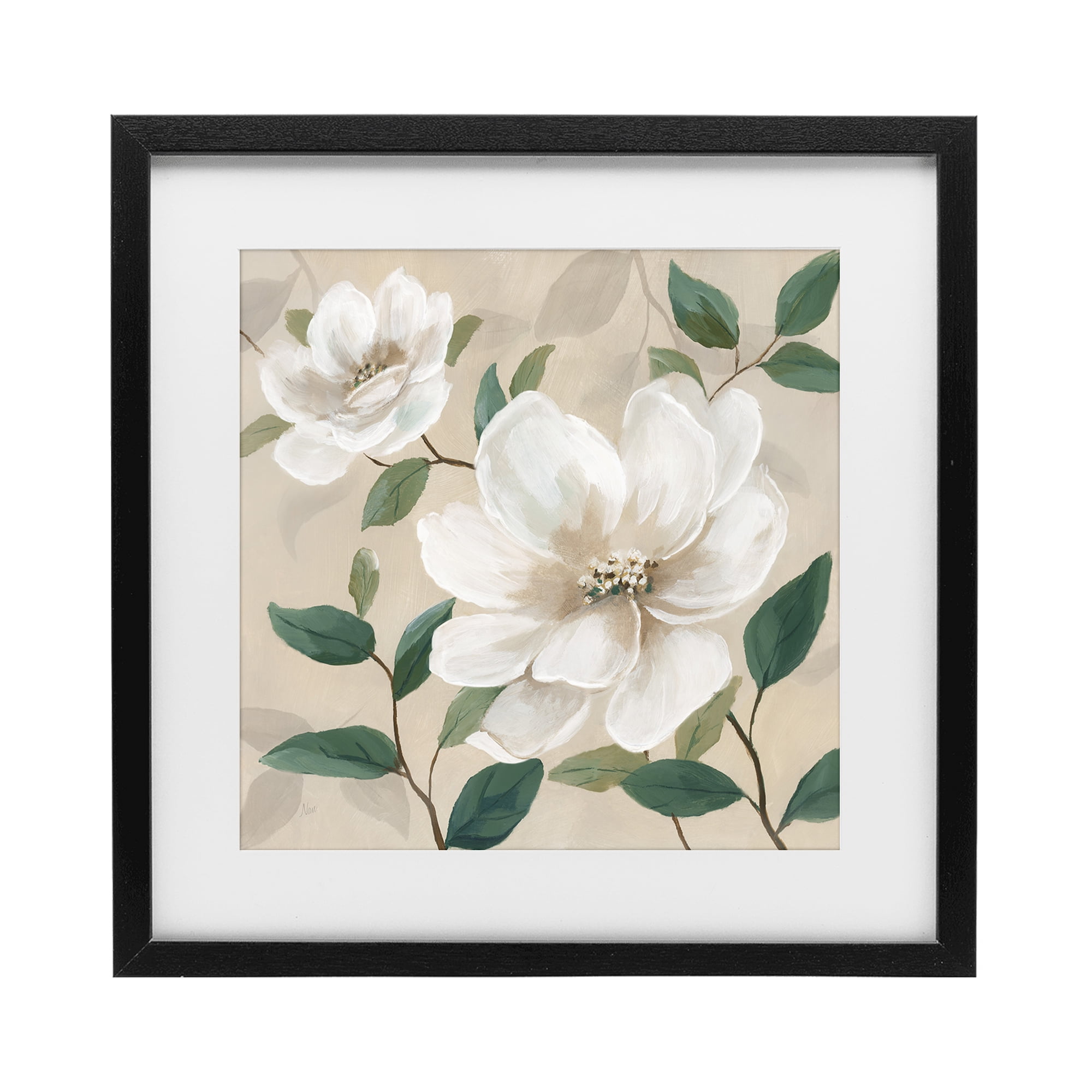 Stupell Industries Serene White Blossom with Leaves Black Framed Print Under Glass, design by Nan