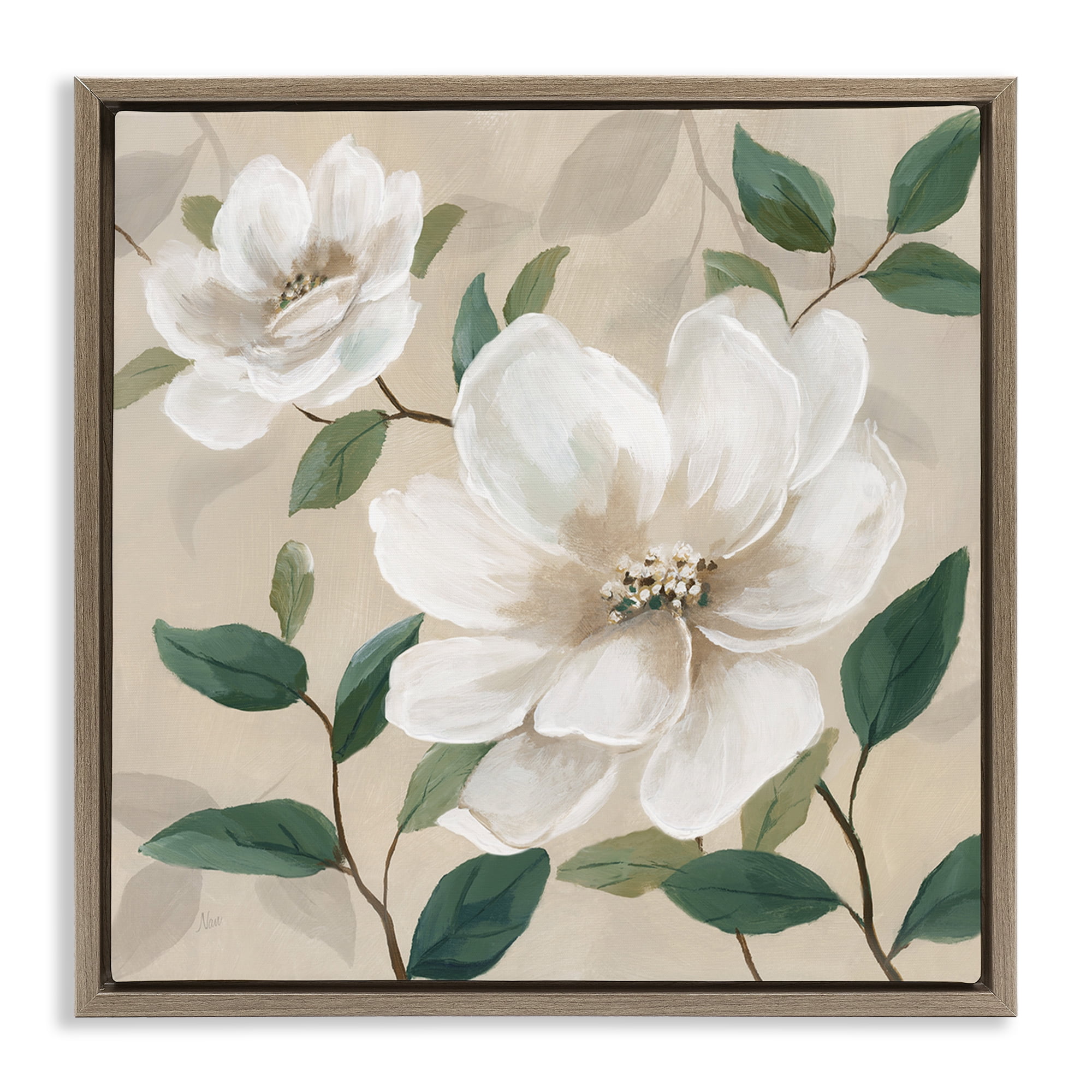 Stupell Industries Serene White Blossom with Leaves Brown Framed Floater Canvas Wall Art, design by Nan