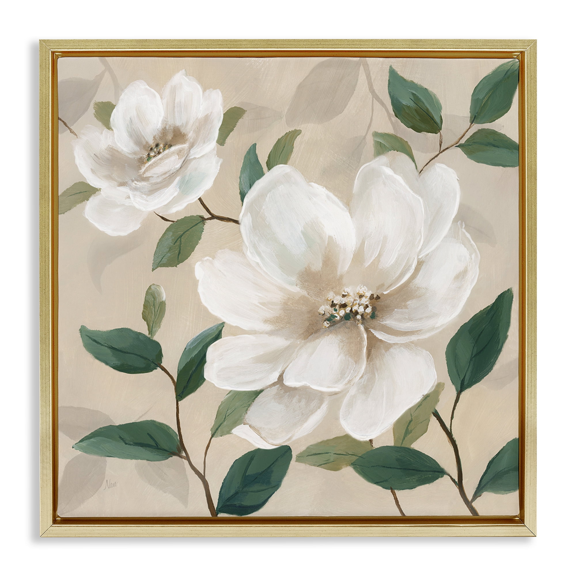 Stupell Industries Serene White Blossom with Leaves Gold Framed Floater Canvas Wall Art, design by Nan