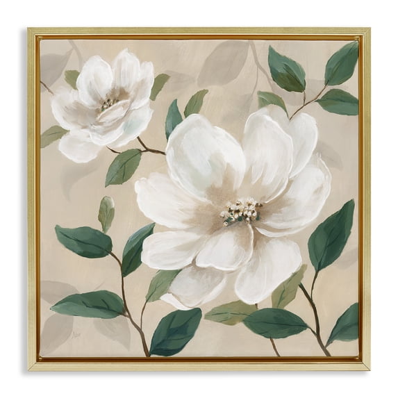 Stupell Industries Shabby Chic Serene White Blossom with Leaves Gold Floating Frame Canvas Art, 25 x 25, by Nan