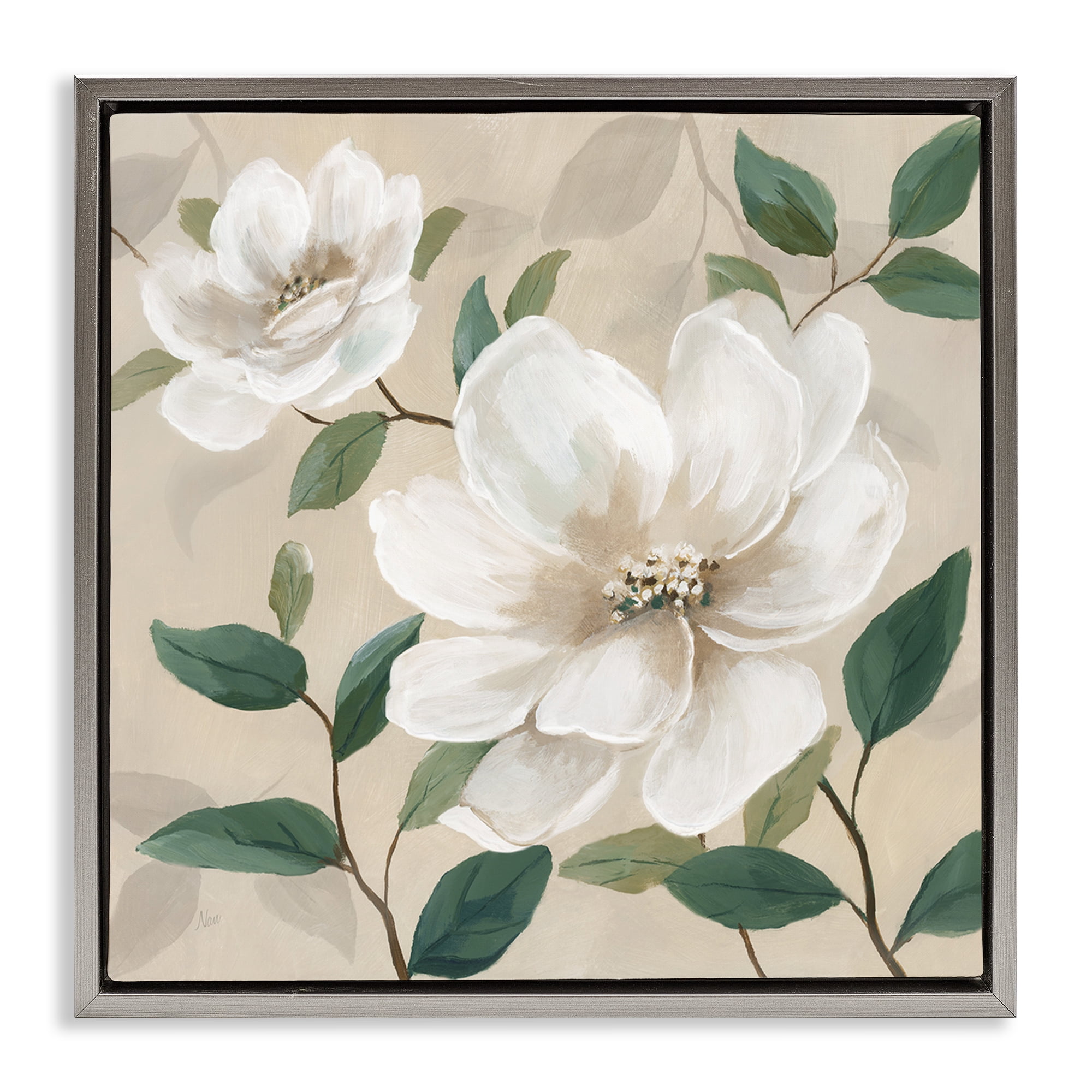 Stupell Industries Serene White Blossom with Leaves Gray Framed Floater Canvas Wall Art, design by Nan