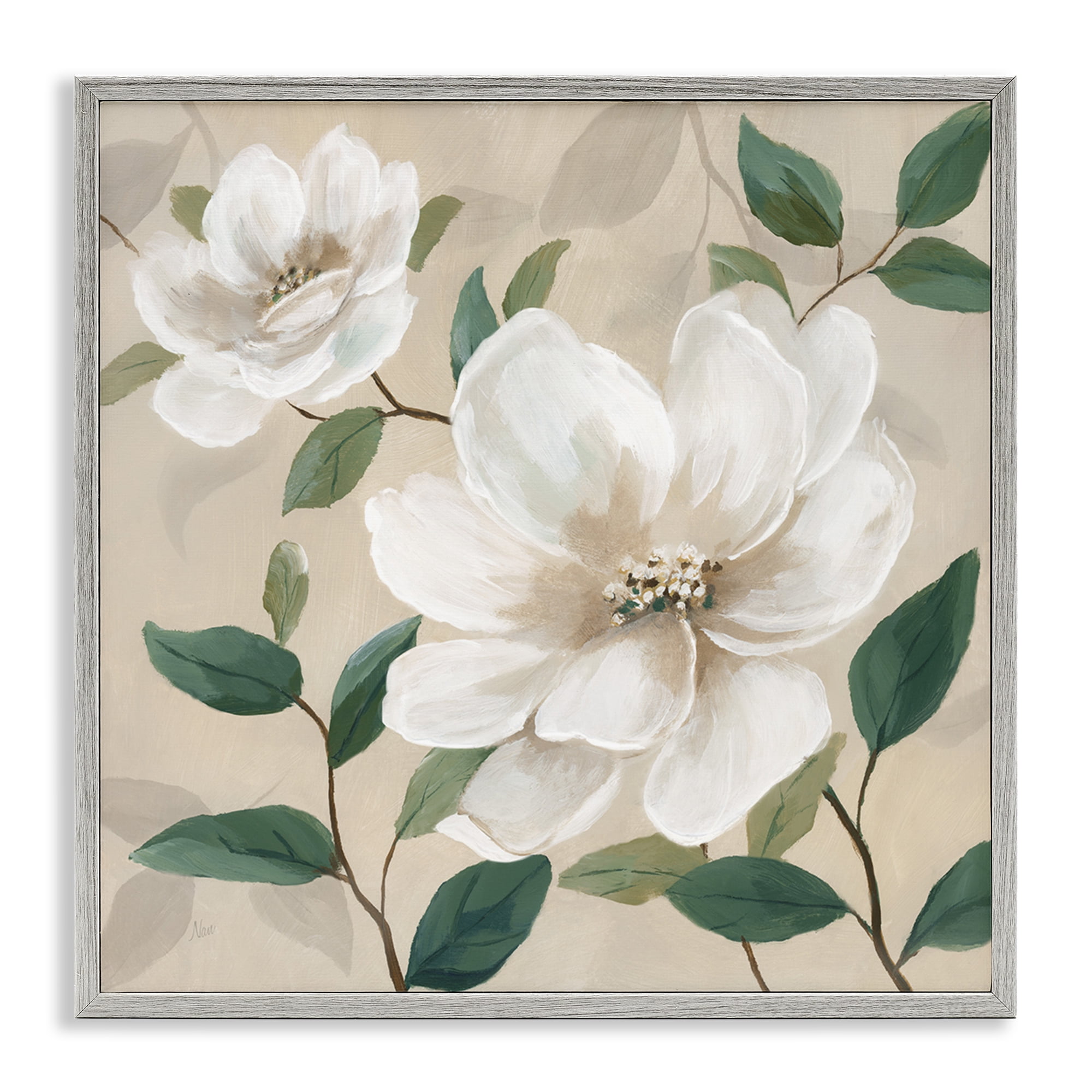 Stupell Industries Serene White Blossom with Leaves Gray Framed Giclee Art, design by Nan