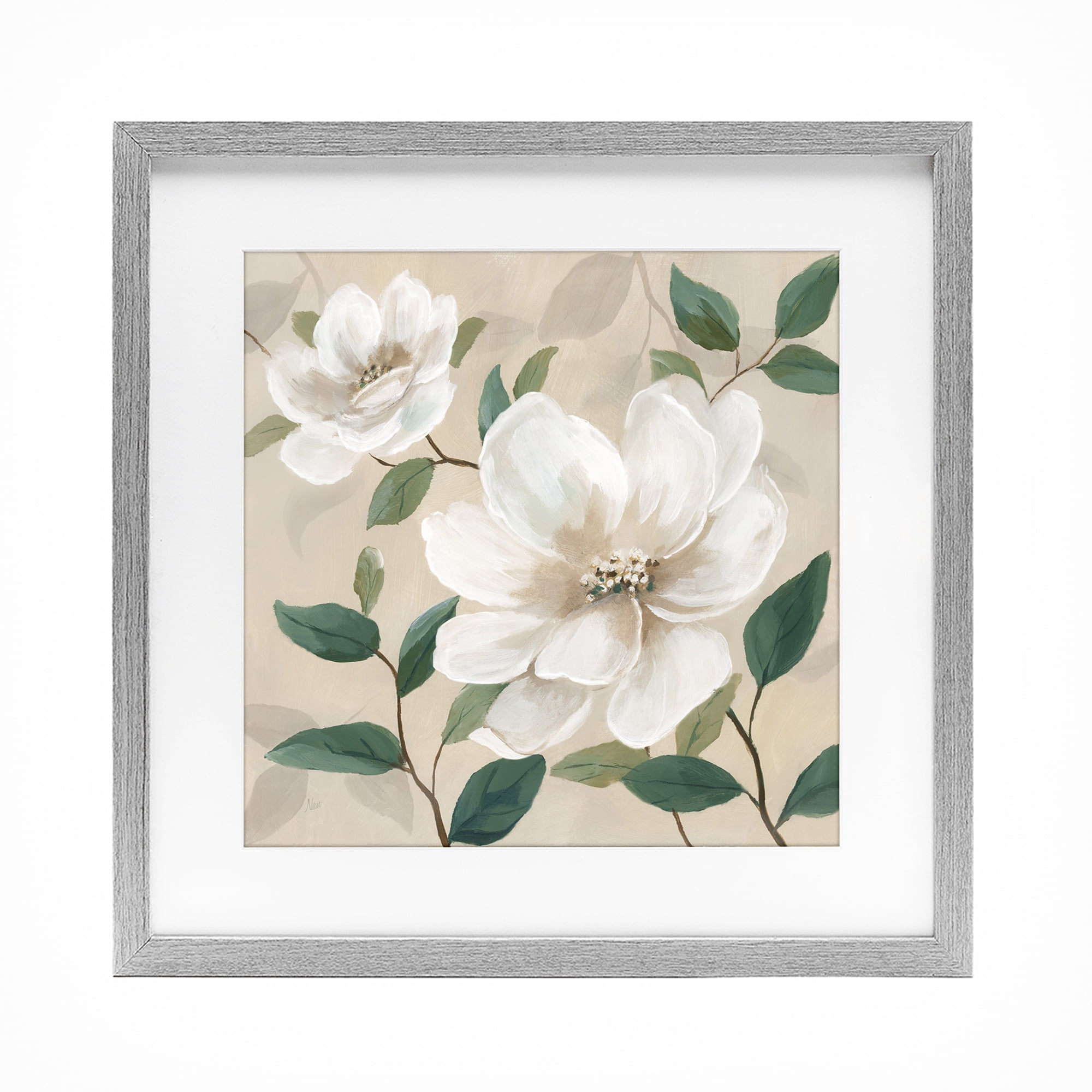 Stupell Industries Serene White Blossom with Leaves Gray Framed Print Under Glass, design by Nan
