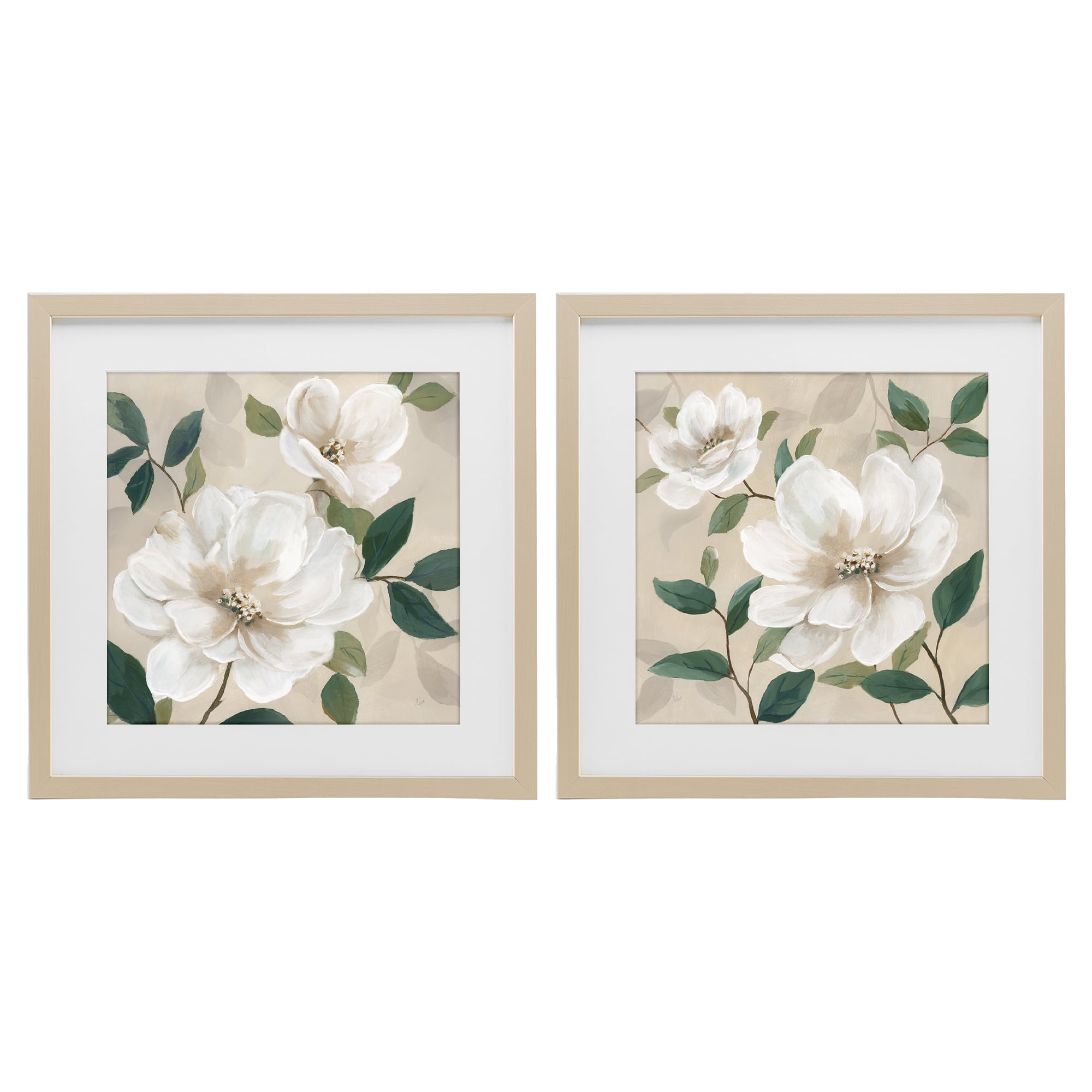 Stupell Industries Serene White Blossoms & Foliage 2 Piece Birch Framed Print Under Glass Set, design by Nan
