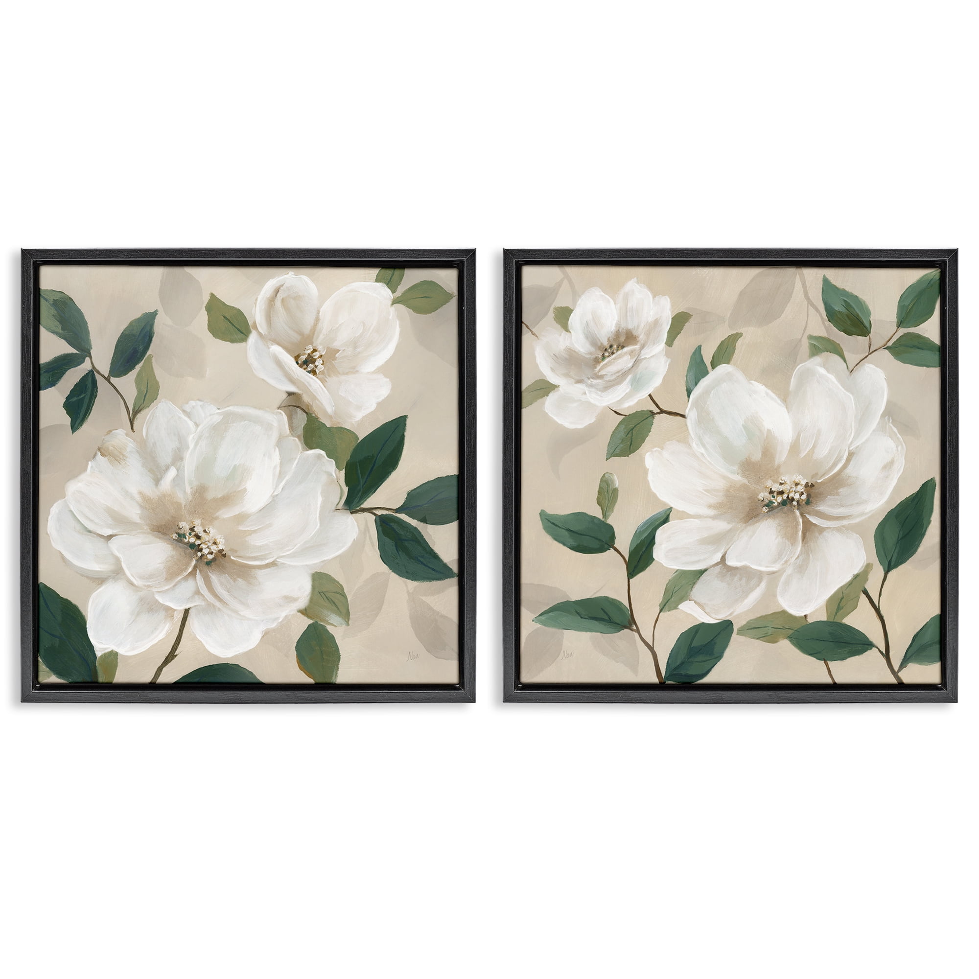 Stupell Industries Serene White Blossoms & Foliage 2 Piece Black Framed Floater Canvas Set, design by Nan