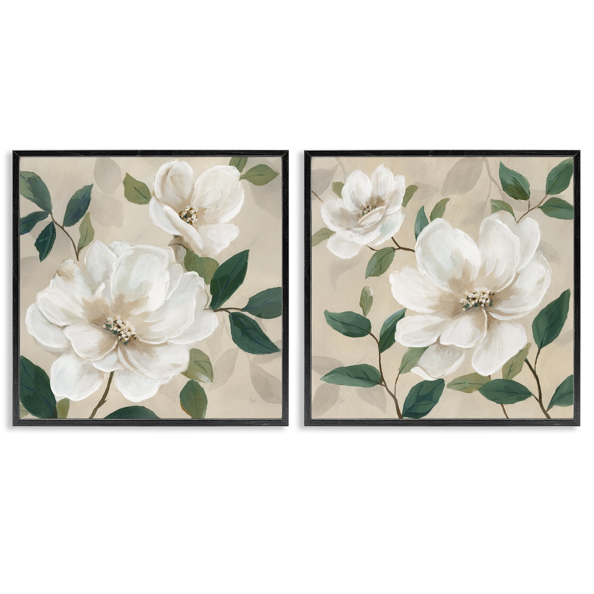 Stupell Industries Serene White Blossoms & Foliage 2 Piece Black Framed Giclee Art Set, design by Nan