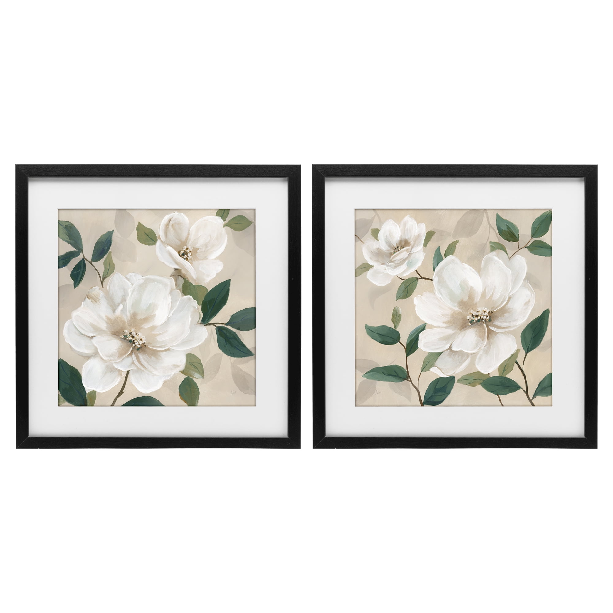 Stupell Industries Serene White Blossoms & Foliage 2 Piece Black Framed Print Under Glass Set, design by Nan
