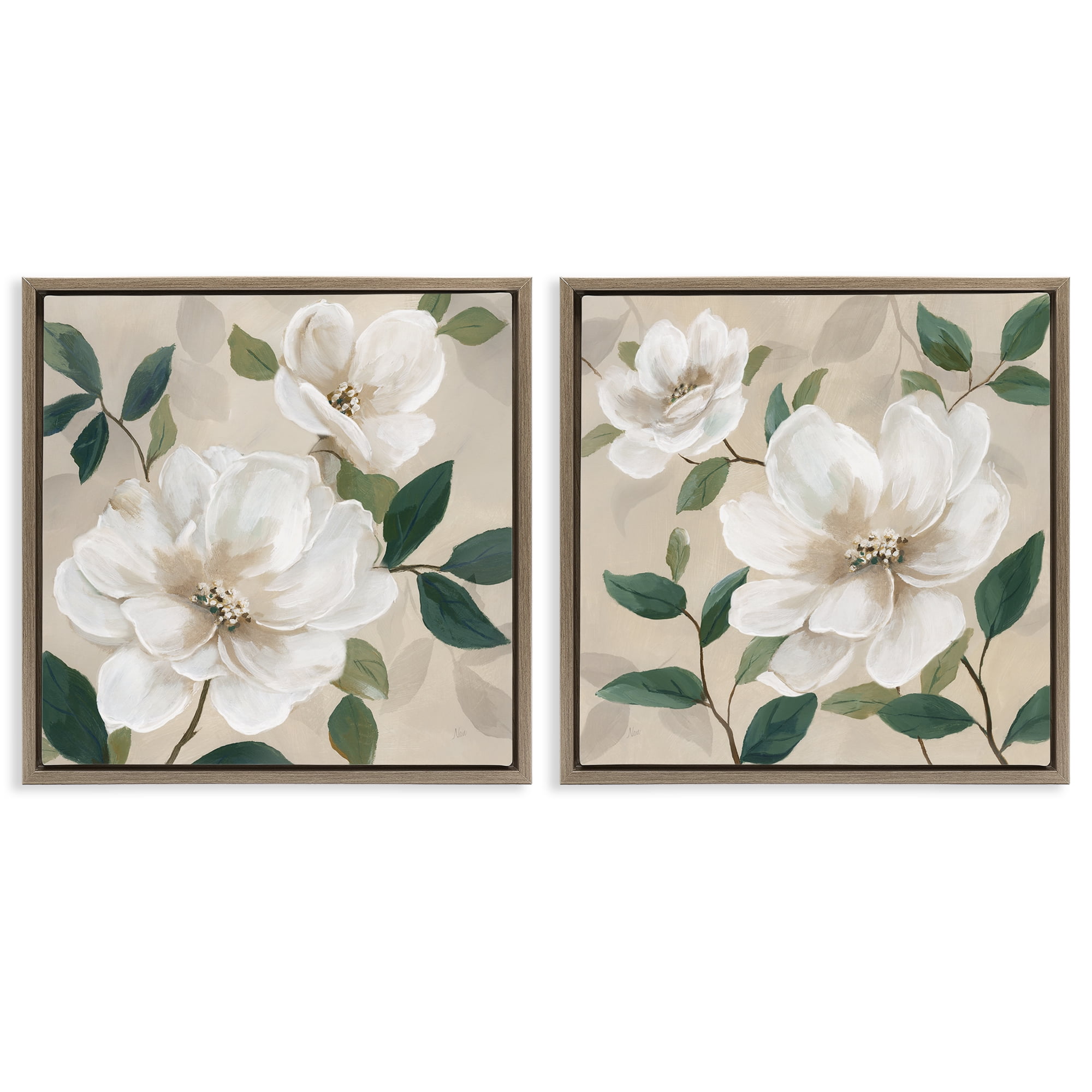 Stupell Industries Serene White Blossoms & Foliage 2 Piece Brown Framed Floater Canvas Set, design by Nan
