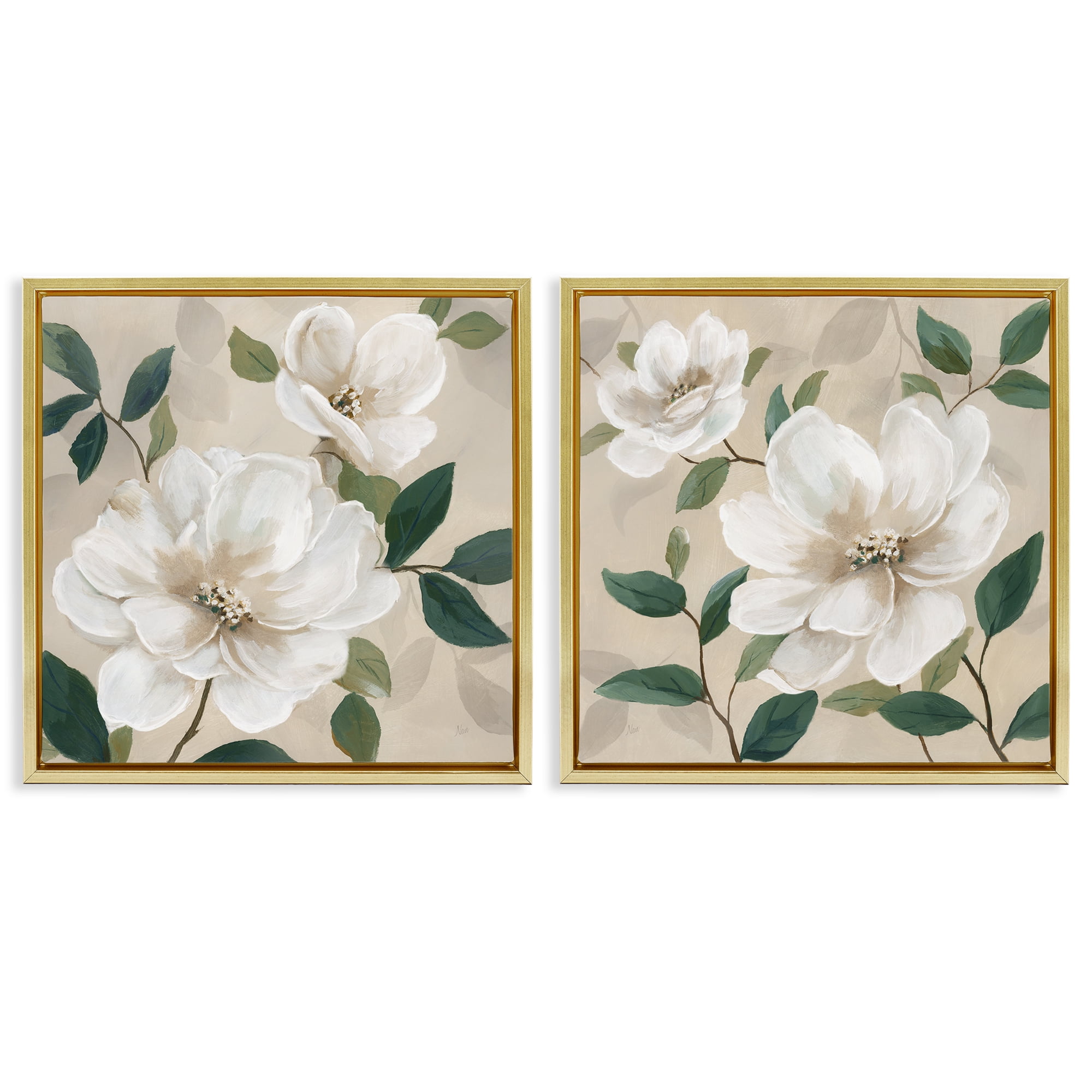 Stupell Industries Serene White Blossoms & Foliage 2 Piece Gold Framed Floater Canvas Set, design by Nan