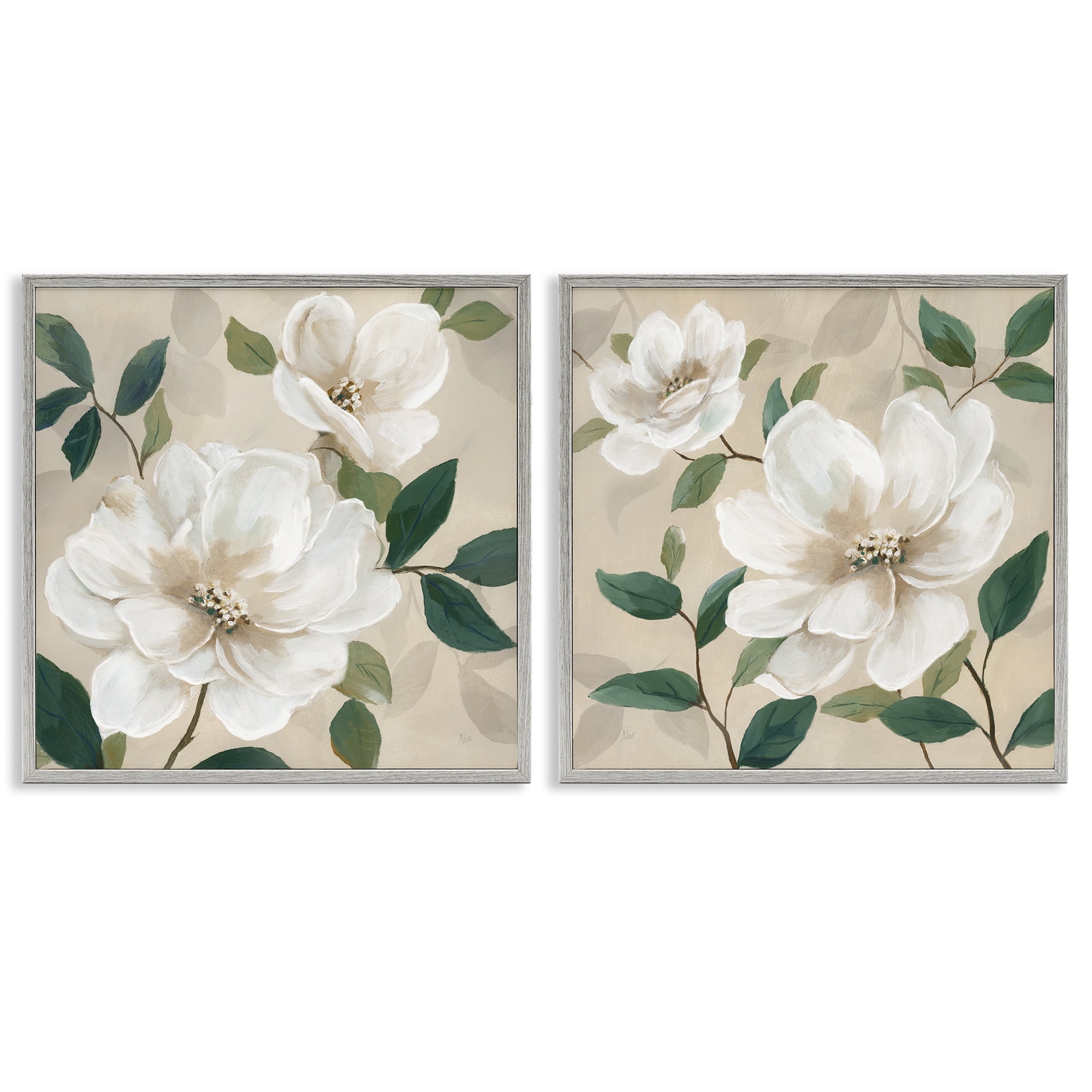 Stupell Industries Serene White Blossoms & Foliage 2 Piece Gray Framed Giclee Art Set, design by Nan