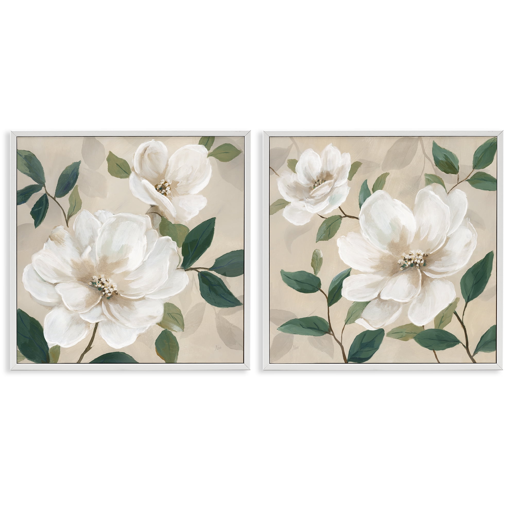 Stupell Industries Serene White Blossoms & Foliage 2 Piece White Framed Giclee Art Set, design by Nan