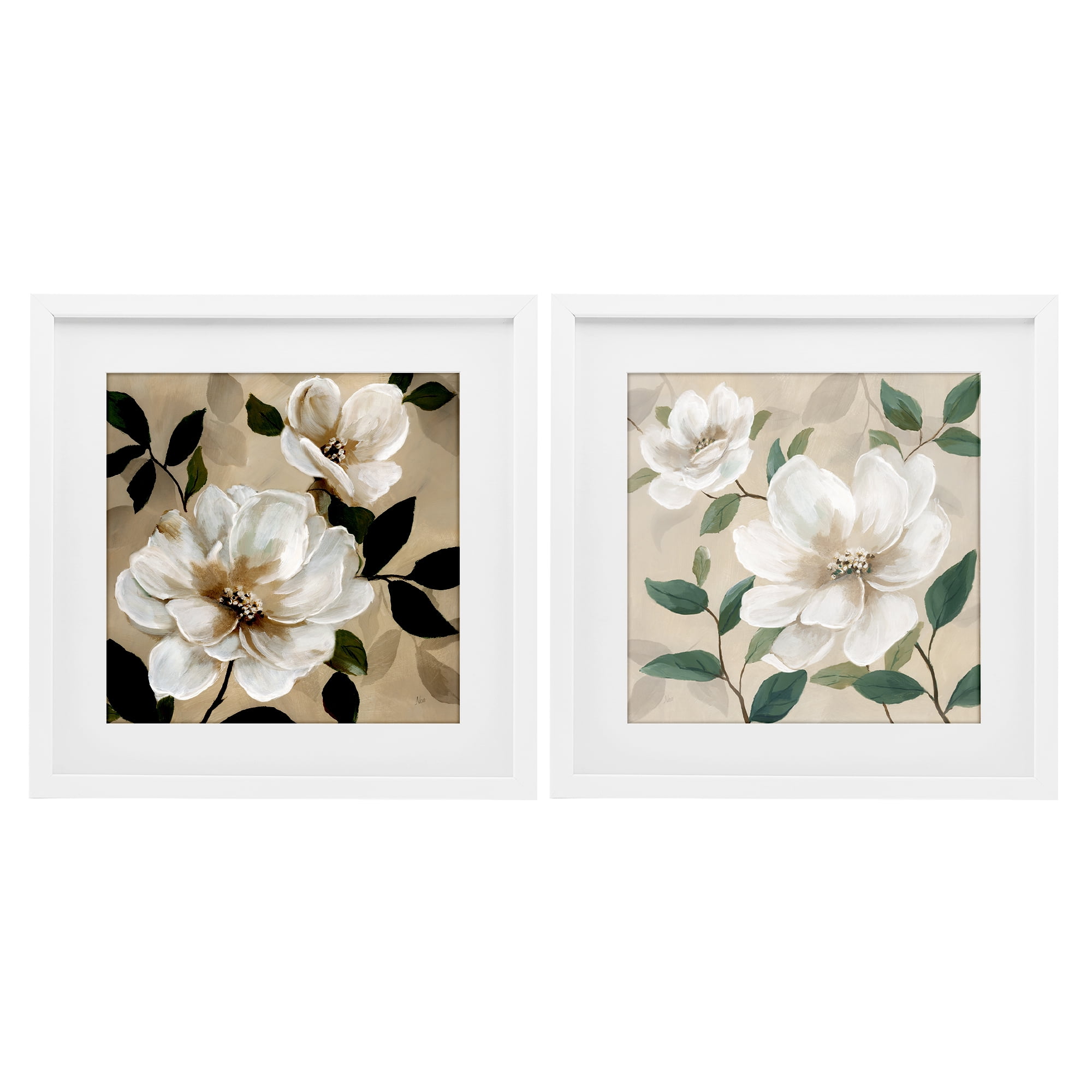 Stupell Industries Serene White Blossoms & Foliage 2 Piece White Framed Print Under Glass Set, design by Nan