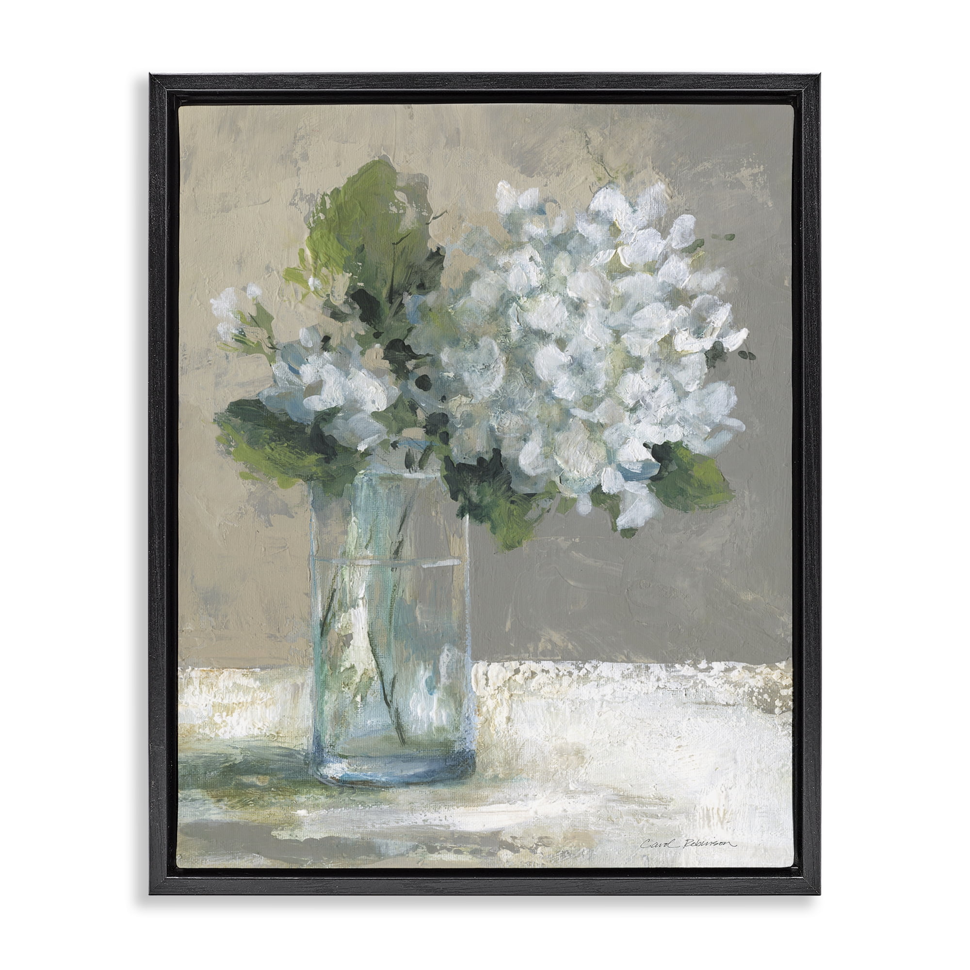 Stupell Industries Serene White Hydrangeas in Glass Black Framed Floater Canvas Wall Art, design by Carol Robinson