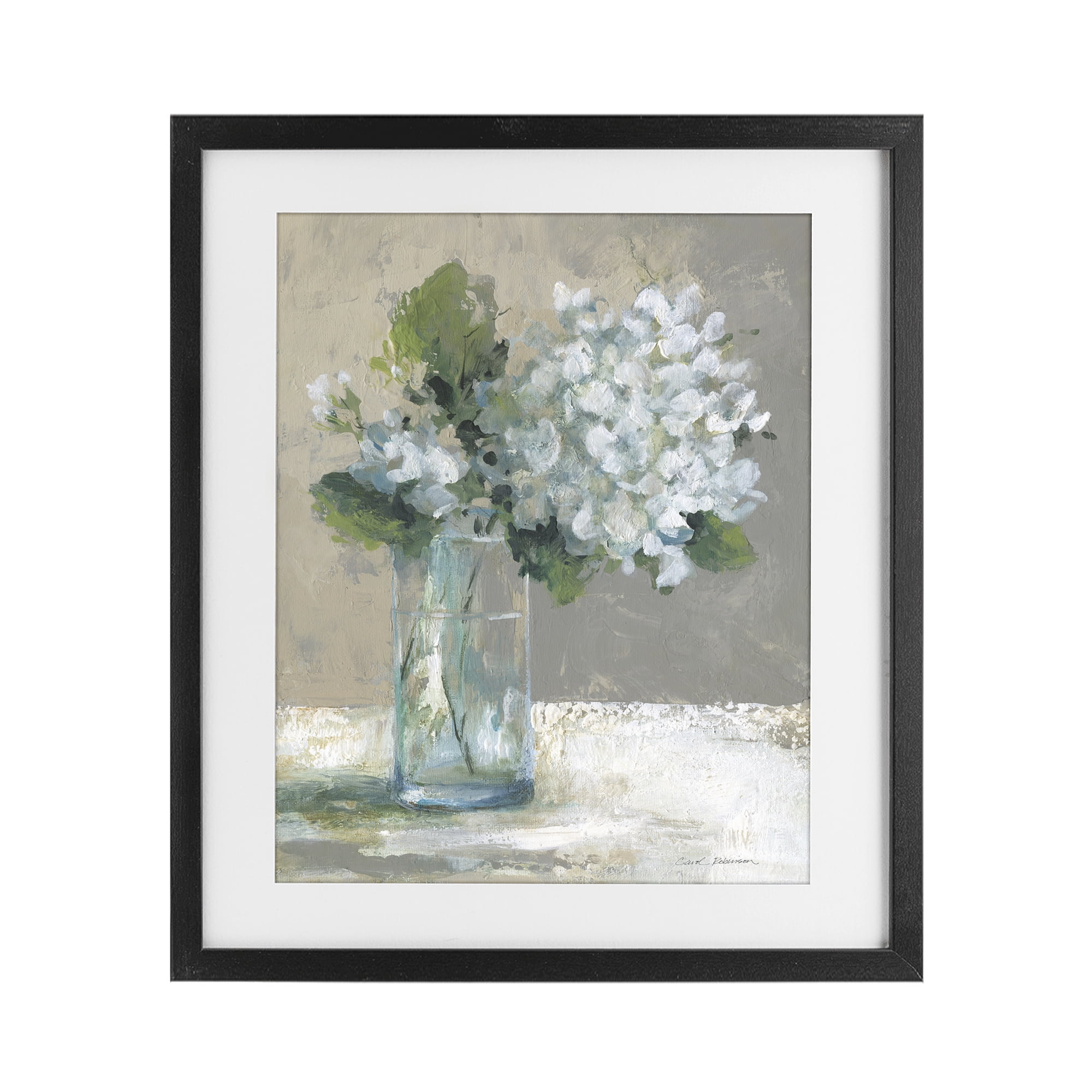 Stupell Industries Serene White Hydrangeas in Glass Black Framed Print Under Glass, design by Carol Robinson