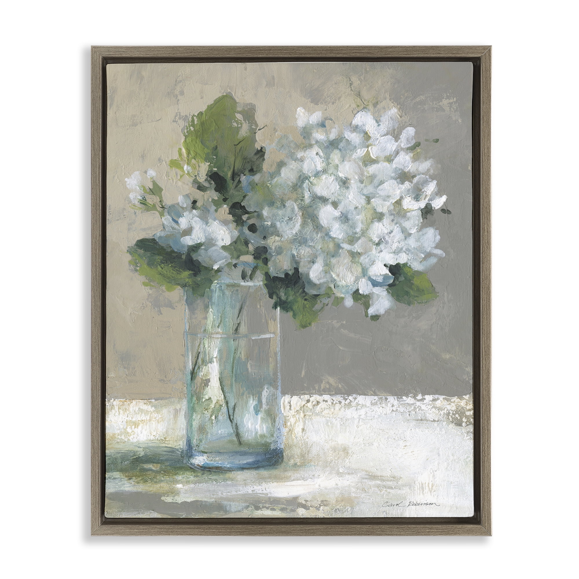 Stupell Industries Serene White Hydrangeas in Glass Brown Framed Floater Canvas Wall Art, design by Carol Robinson