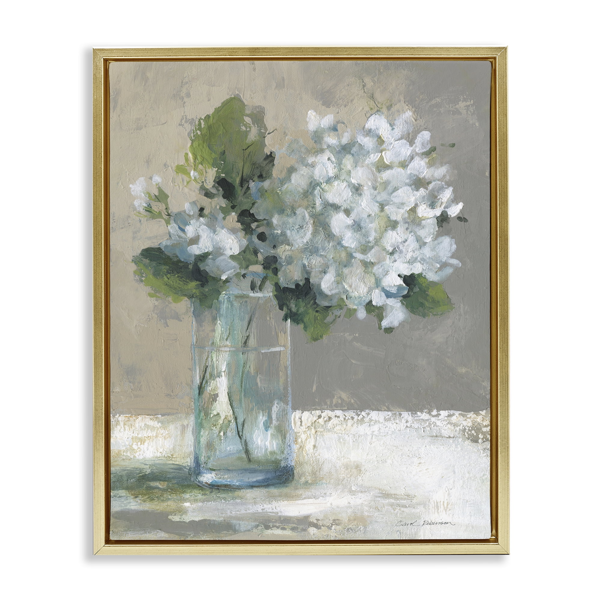 Stupell Industries Serene White Hydrangeas in Glass Gold Framed Floater Canvas Wall Art, design by Carol Robinson