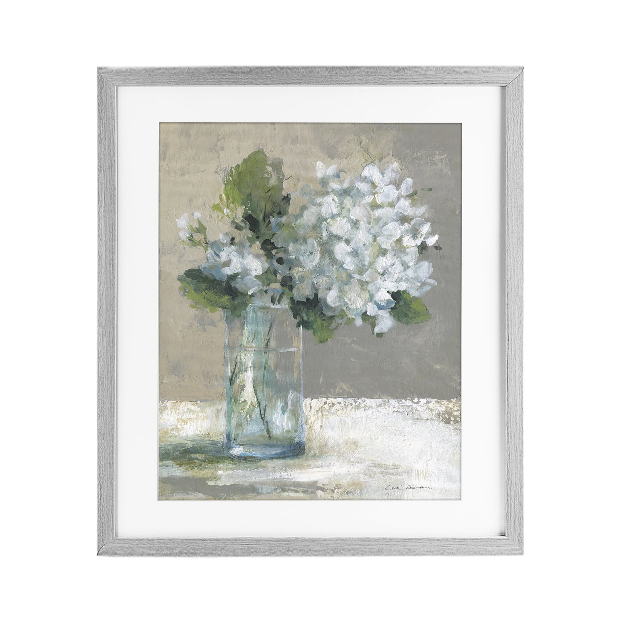 Stupell Industries Serene White Hydrangeas in Glass Gray Framed Print Under Glass, design by Carol Robinson