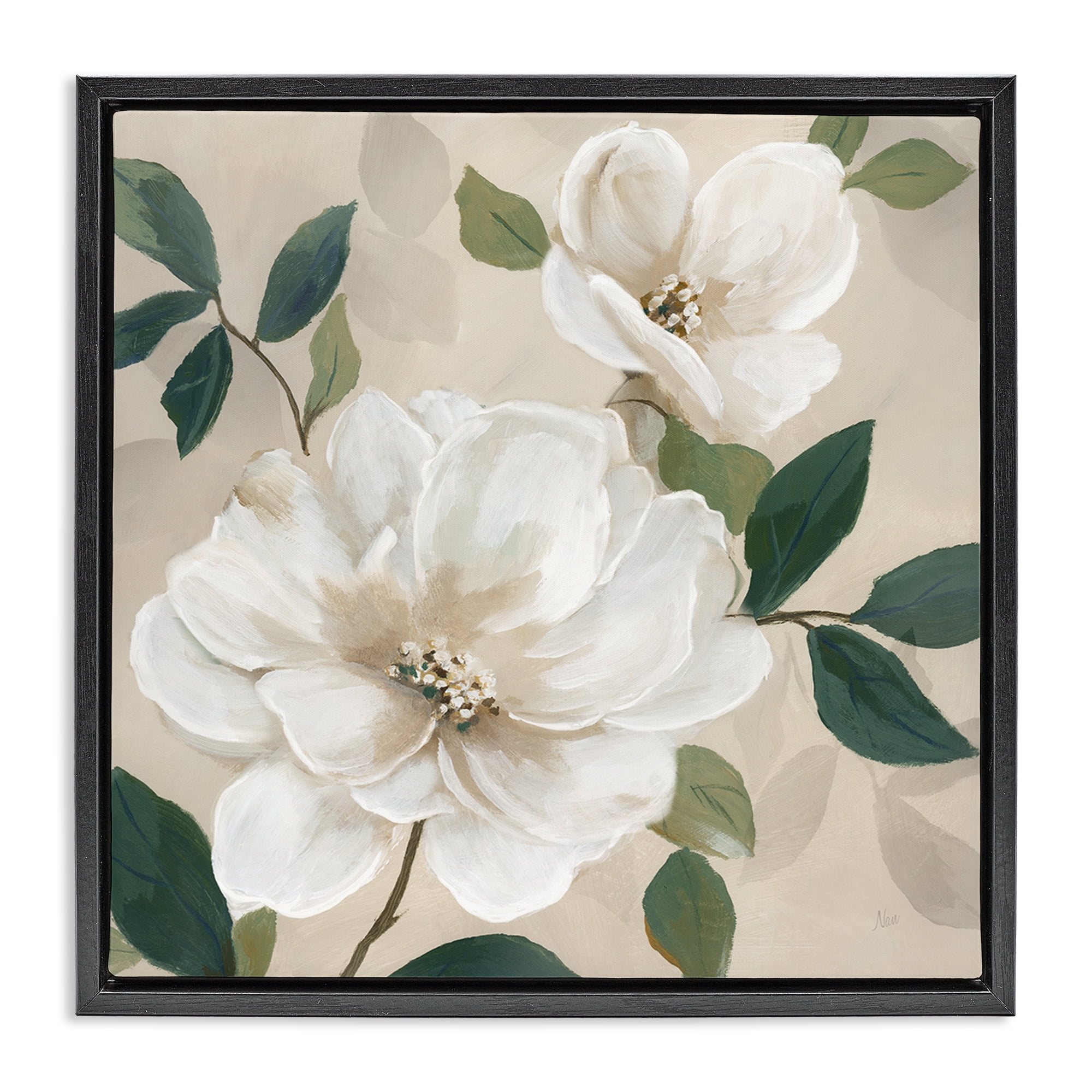 Stupell Industries Serene White Magnolia Study Black Framed Floater Canvas Wall Art, design by Nan