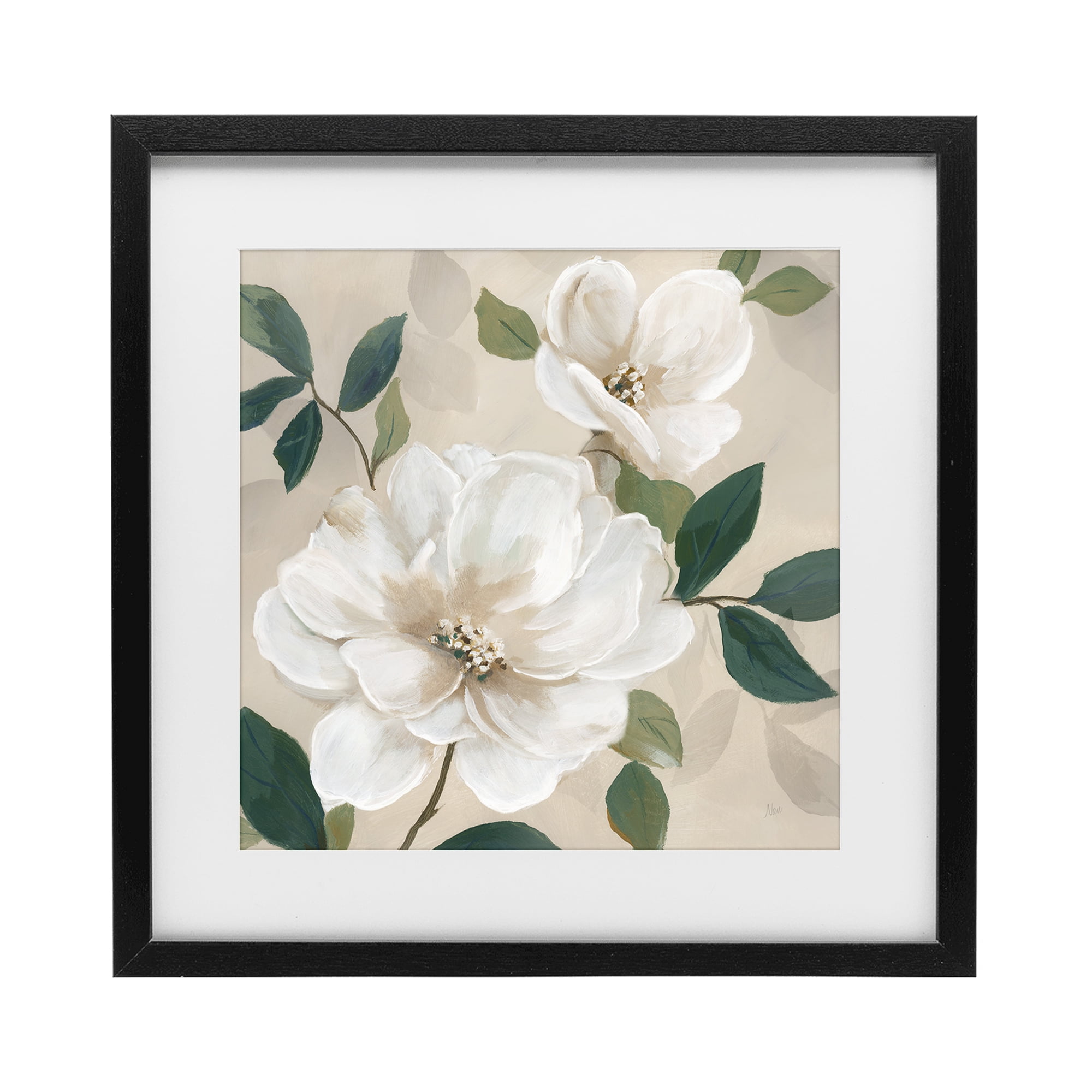 Stupell Industries Serene White Magnolia Study Black Framed Print Under Glass, design by Nan
