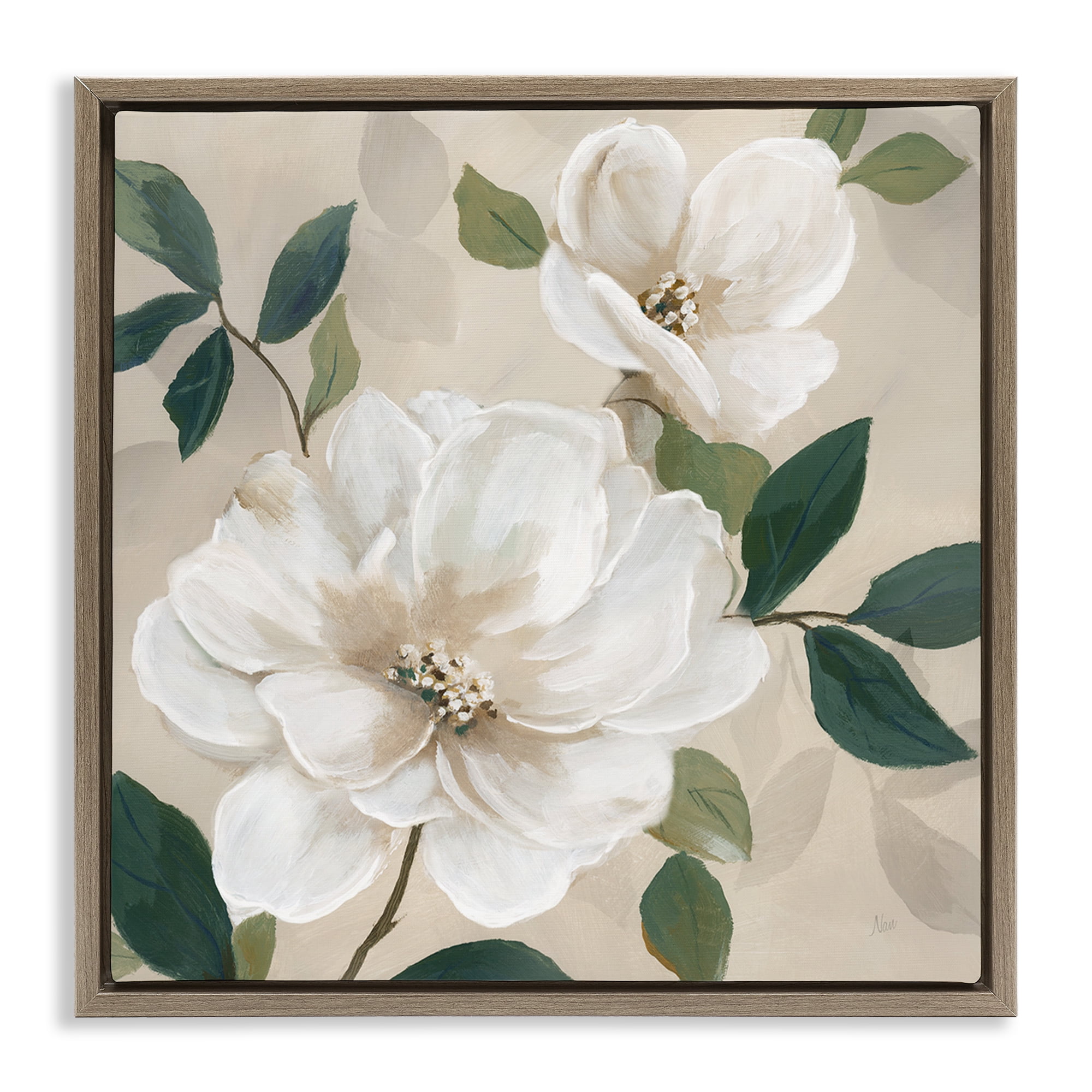 Stupell Industries Serene White Magnolia Study Brown Framed Floater Canvas Wall Art, design by Nan