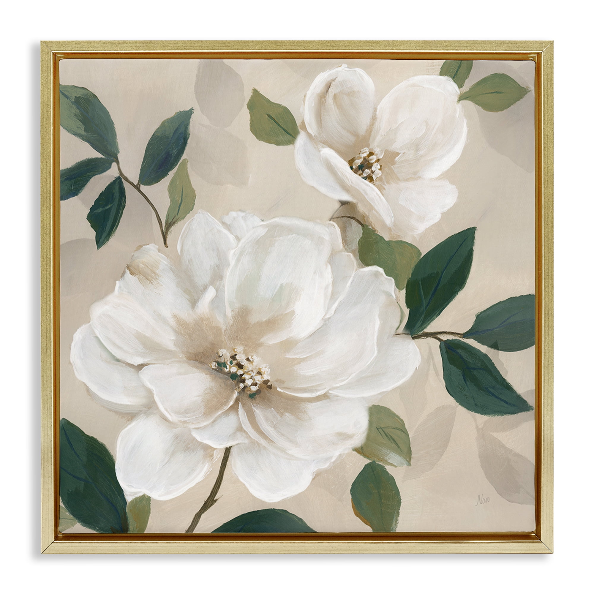 Stupell Industries Serene White Magnolia Study Gold Framed Floater Canvas Wall Art, design by Nan