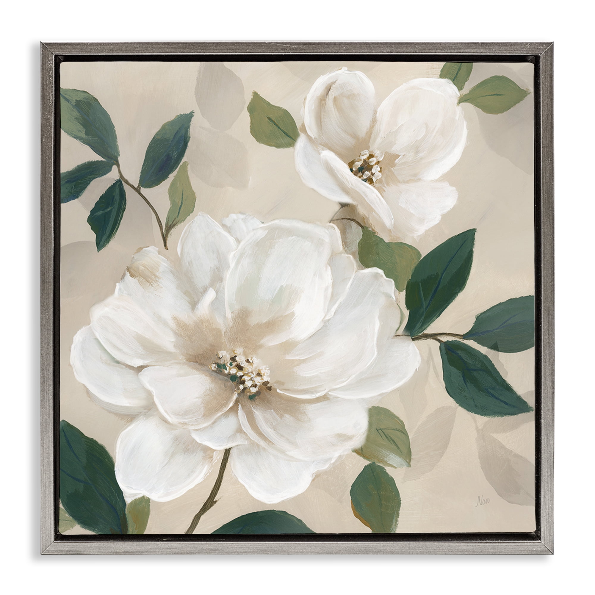 Stupell Industries Serene White Magnolia Study Gray Framed Floater Canvas Wall Art, design by Nan