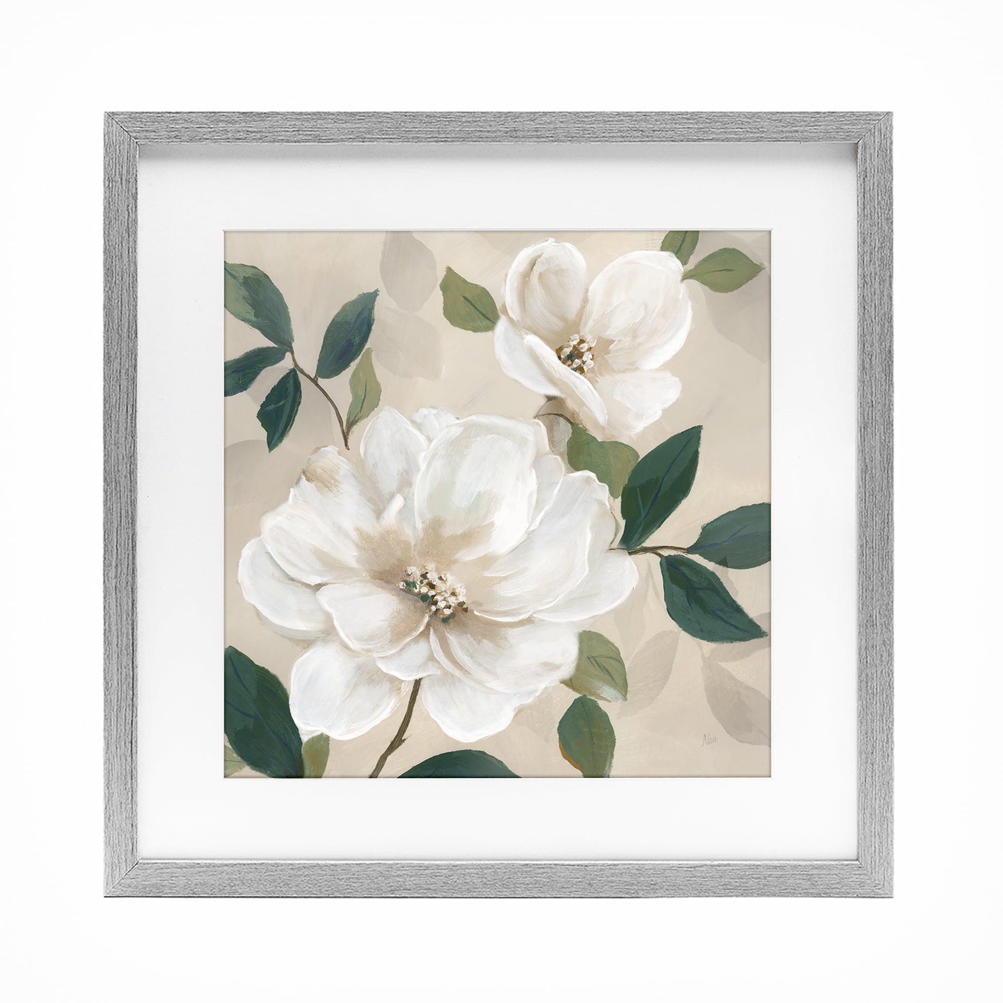 Stupell Industries Serene White Magnolia Study Gray Framed Print Under Glass, design by Nan