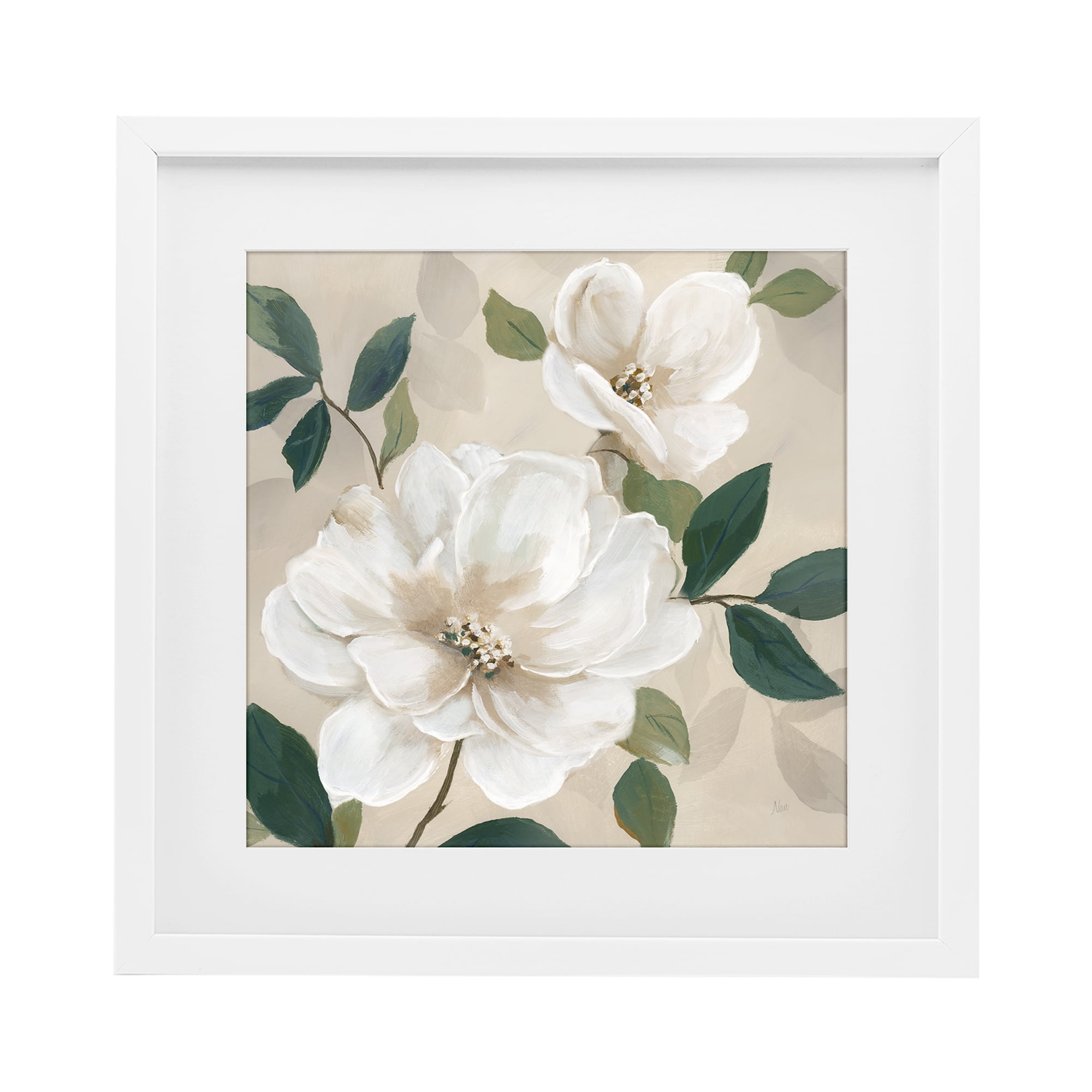 Stupell Industries Serene White Magnolia Study White Framed Print Under Glass, design by Nan
